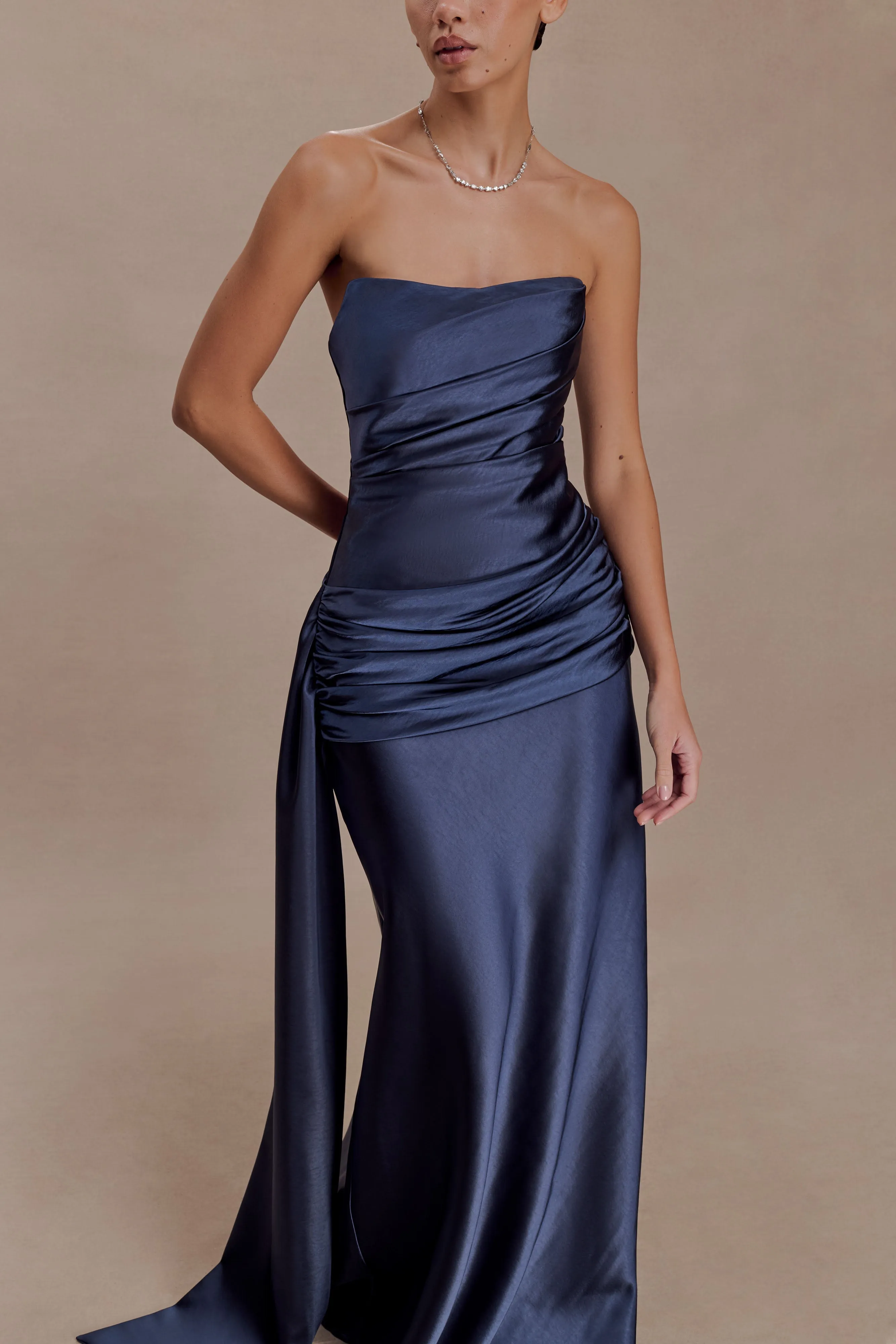 Sarah Strapless Maxi Dress With Waist Tie - Navy sold by Meshki product image thumbnail 3