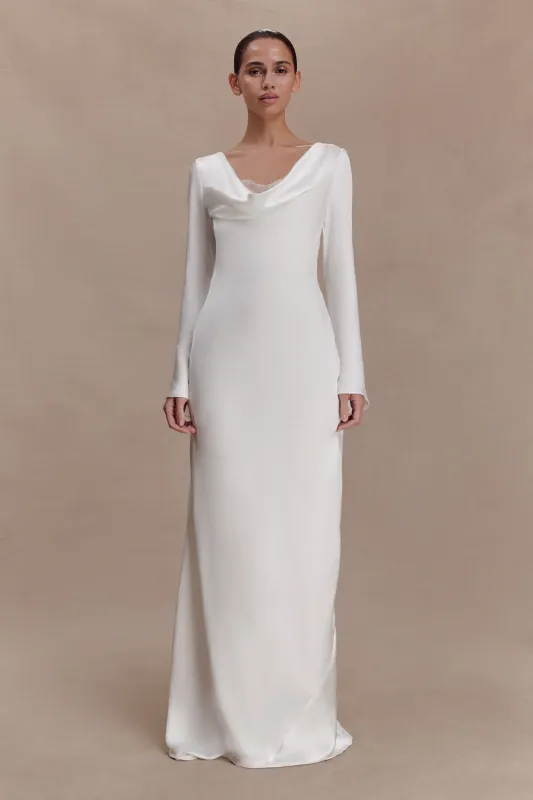 Eliza Long Sleeve Cowl Lace And Satin Maxi Dress - Ivory sold by Meshki
