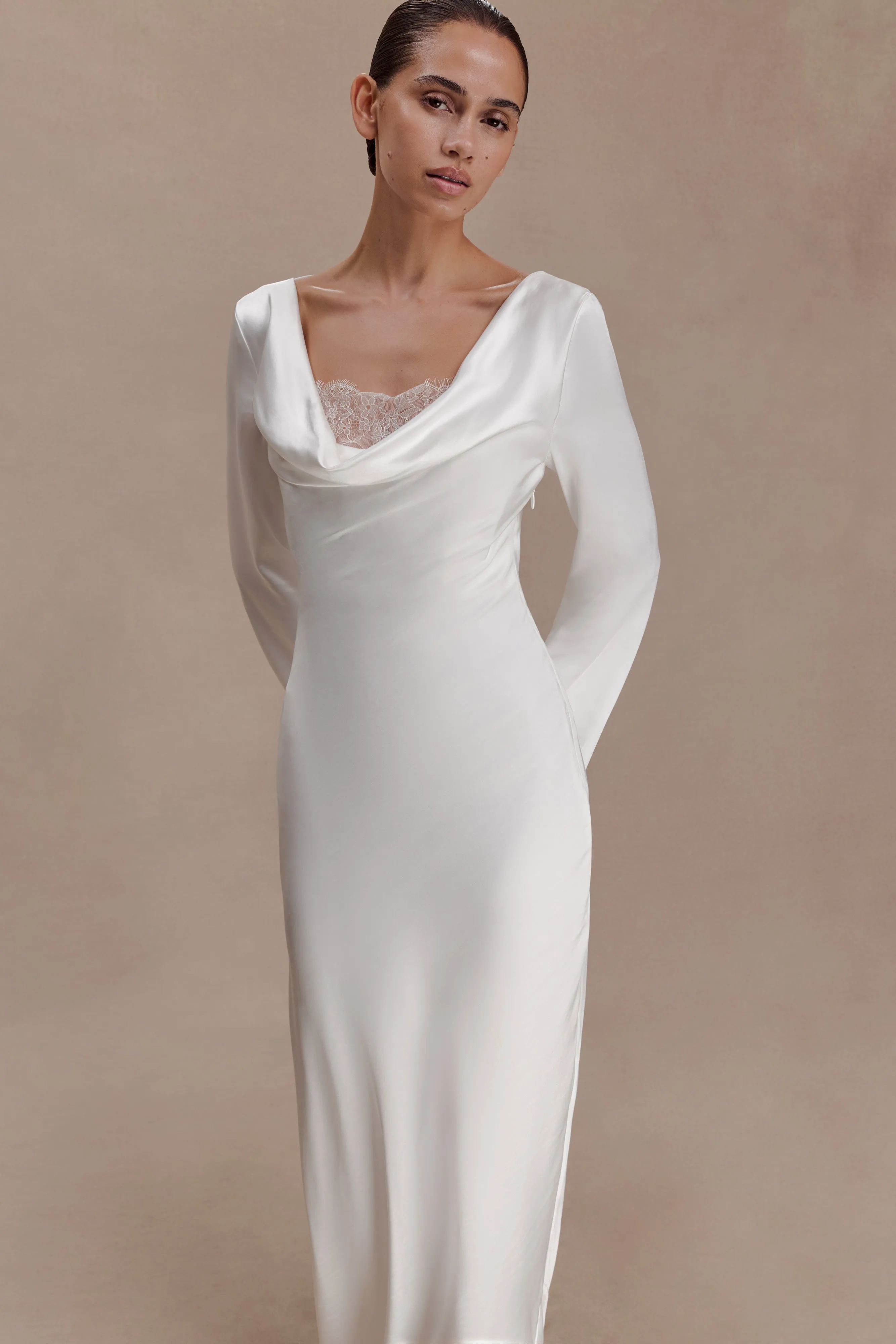 Eliza Long Sleeve Cowl Lace And Satin Maxi Dress - Ivory sold by Meshki product image thumbnail 5