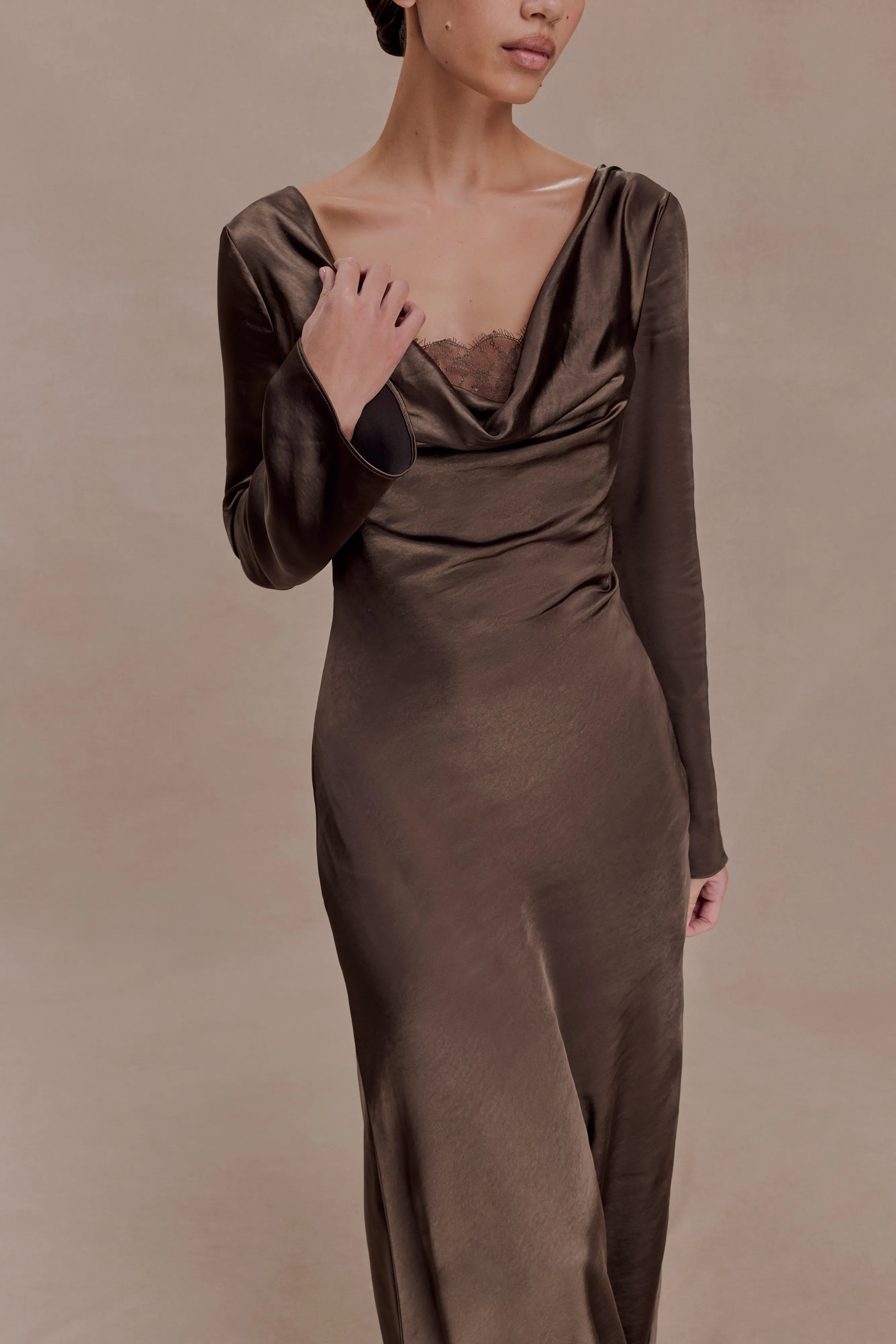 Eliza Long Sleeve Cowl Lace And Satin Maxi Dress - Mocha sold by Meshki product image thumbnail 3