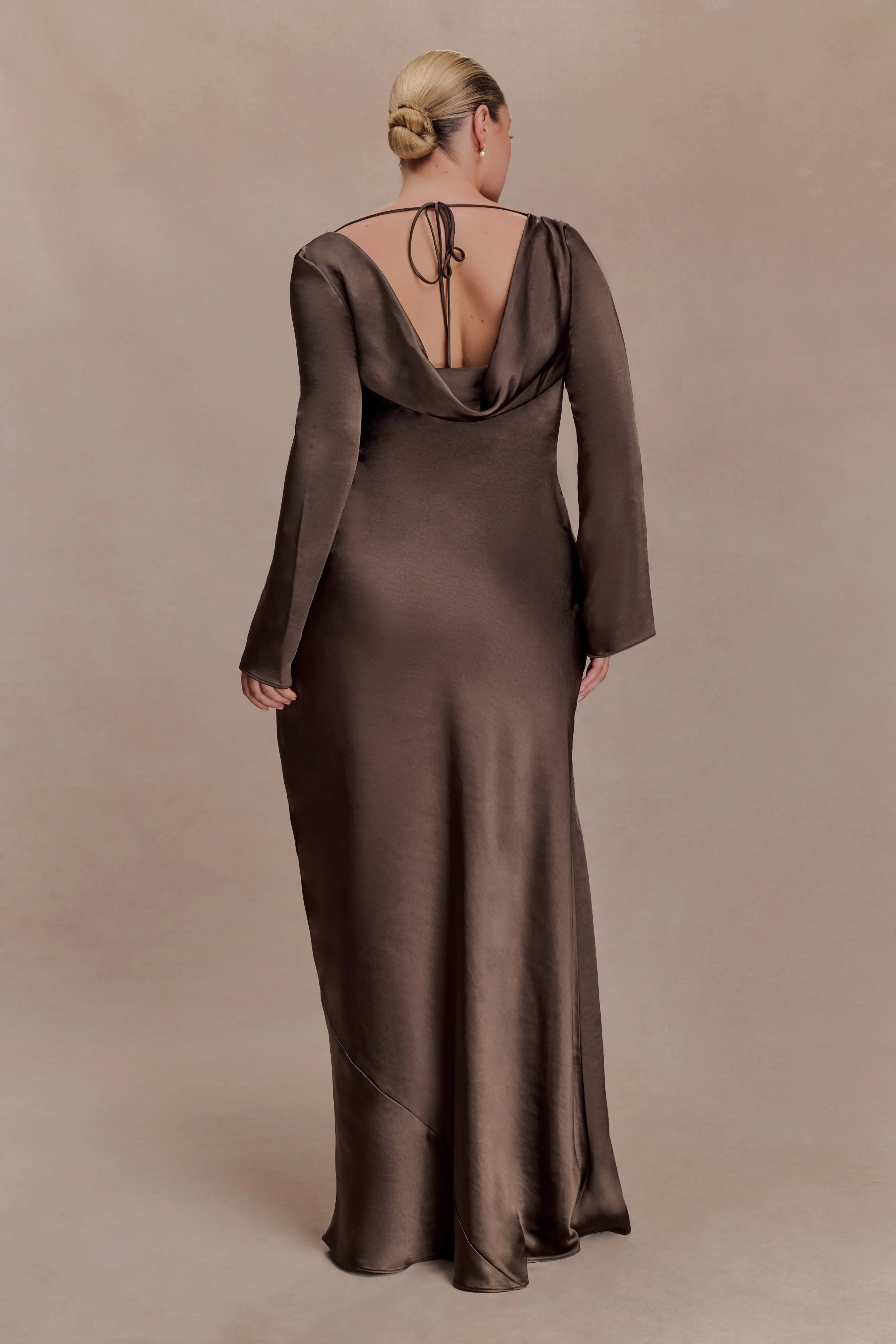 Eliza Long Sleeve Cowl Lace And Satin Maxi Dress - Mocha sold by Meshki product image thumbnail 4