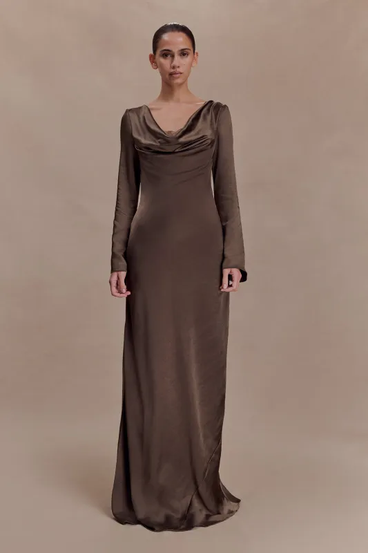 Eliza Long Sleeve Cowl Lace And Satin Maxi Dress - Mocha sold by Meshki
