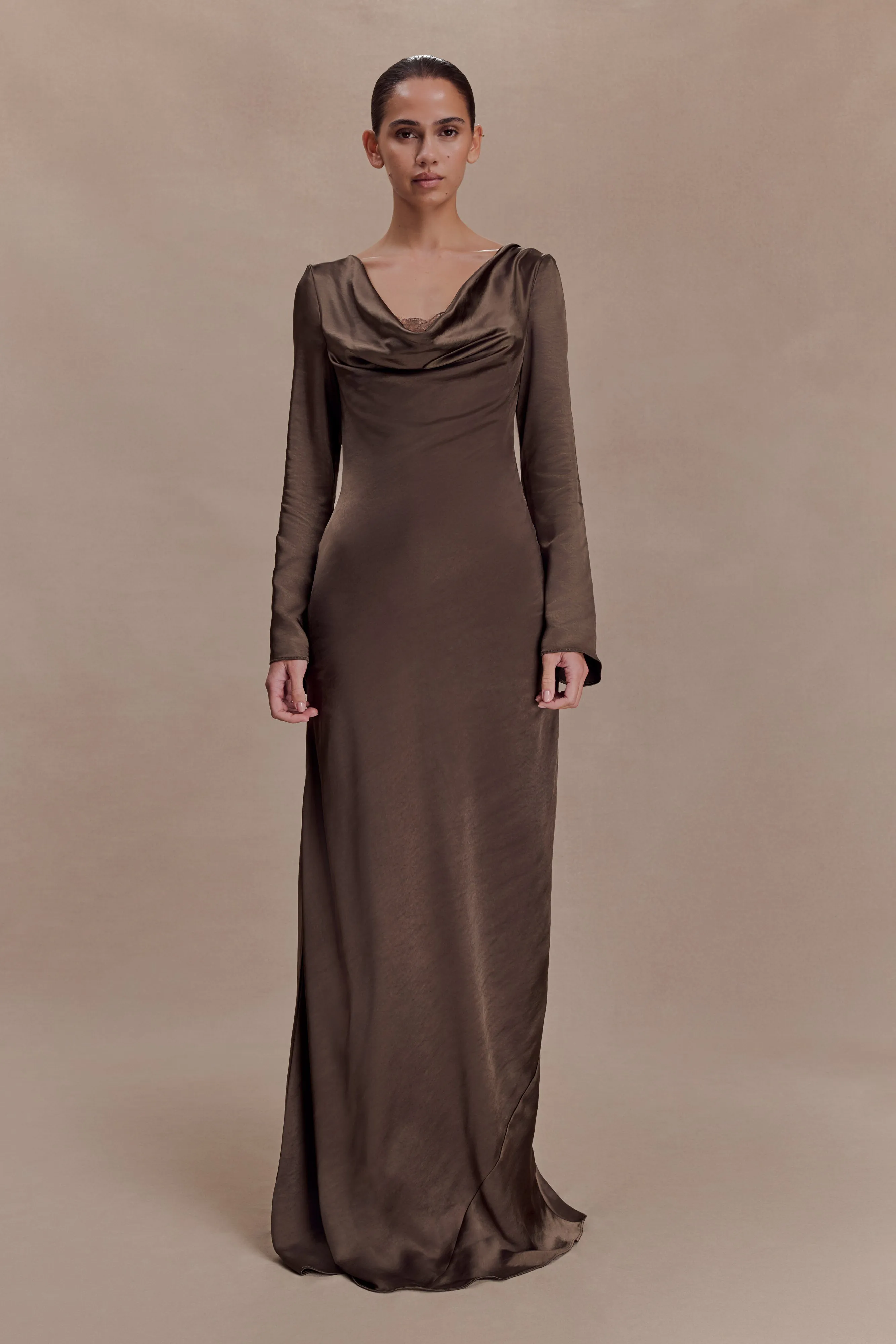 Eliza Long Sleeve Cowl Lace And Satin Maxi Dress - Mocha sold by Meshki