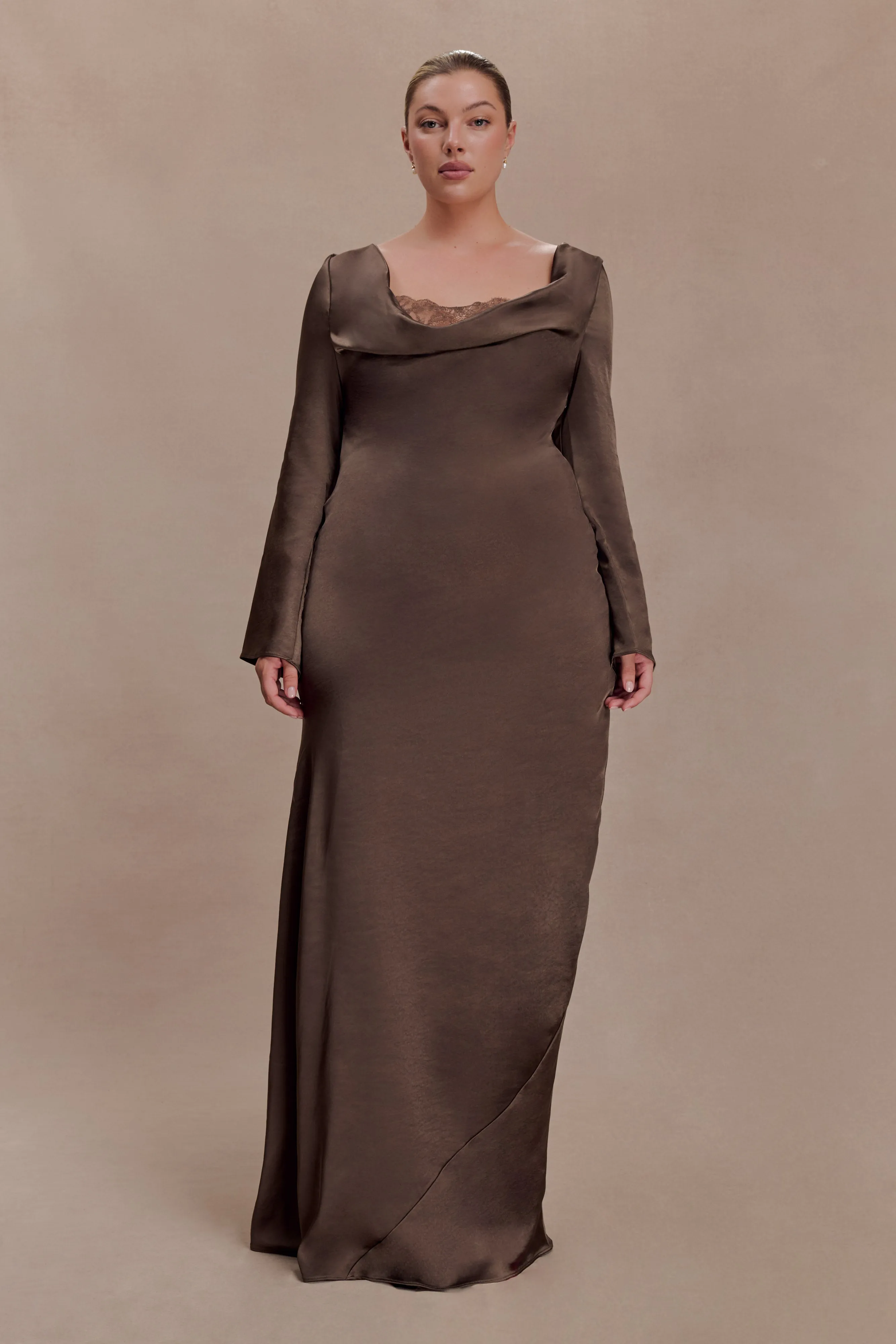 Eliza Long Sleeve Cowl Lace And Satin Maxi Dress - Mocha sold by Meshki product image thumbnail 5