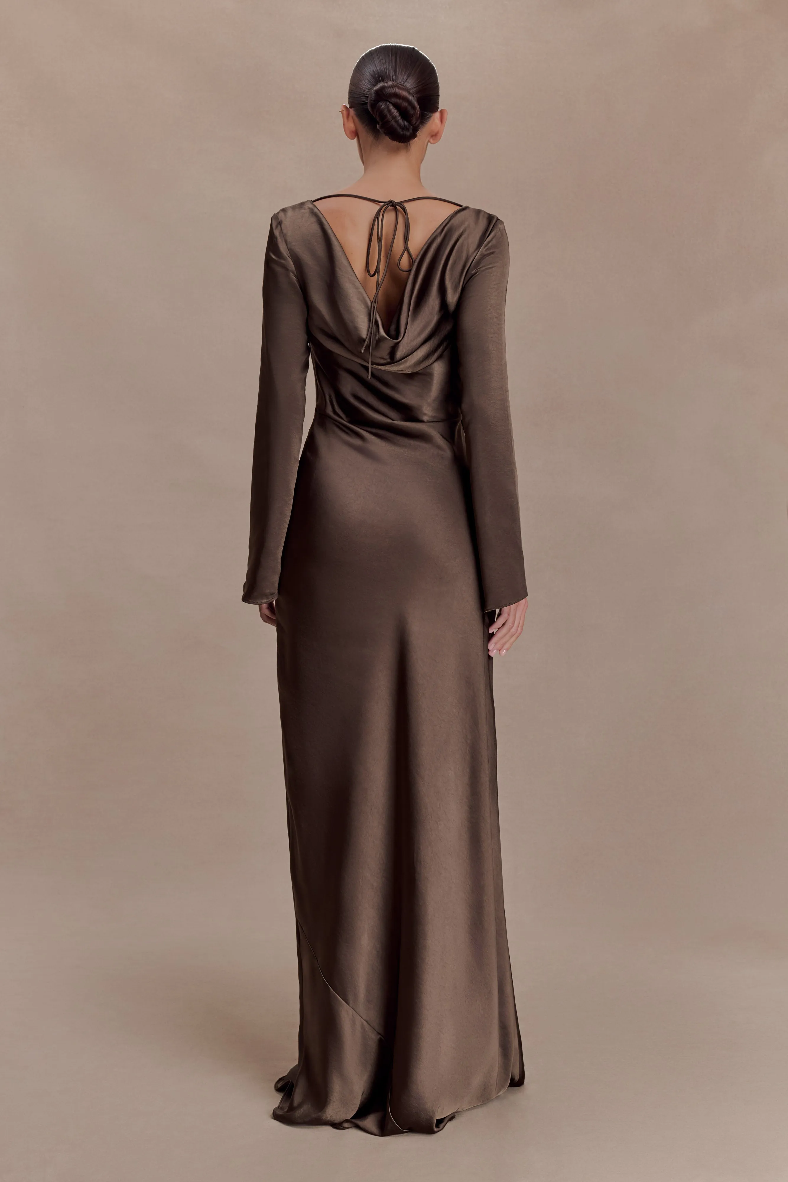 Eliza Long Sleeve Cowl Lace And Satin Maxi Dress - Mocha sold by Meshki product image thumbnail 2