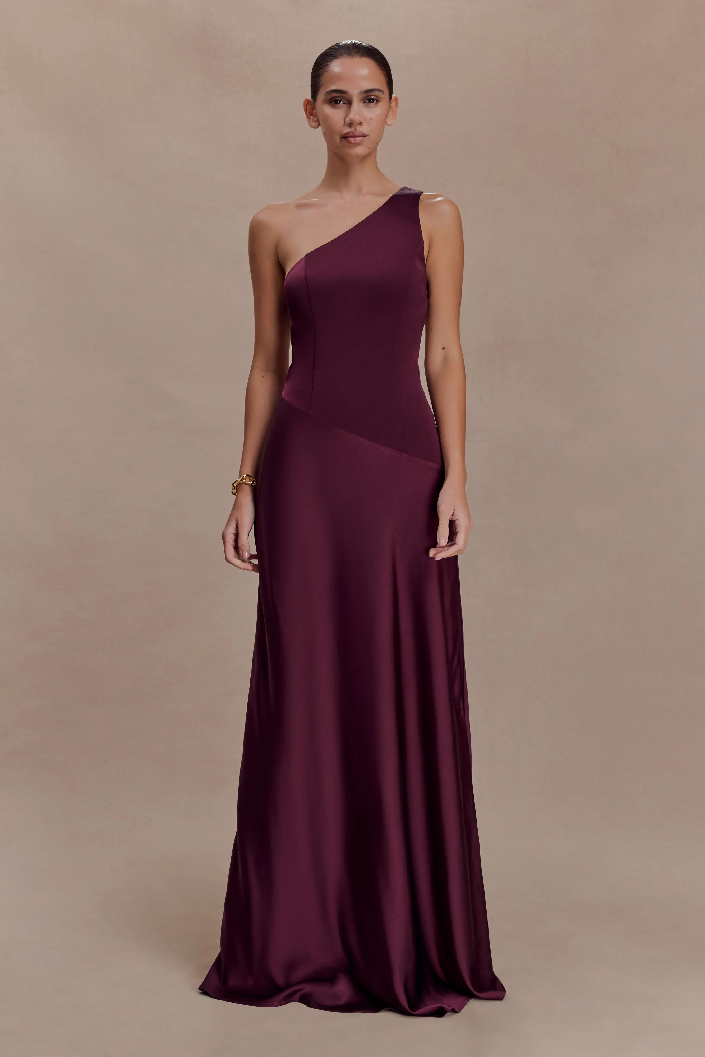 Lyla Asymmetrical Satin Maxi Dress - Plum sold by Meshki product image thumbnail 5