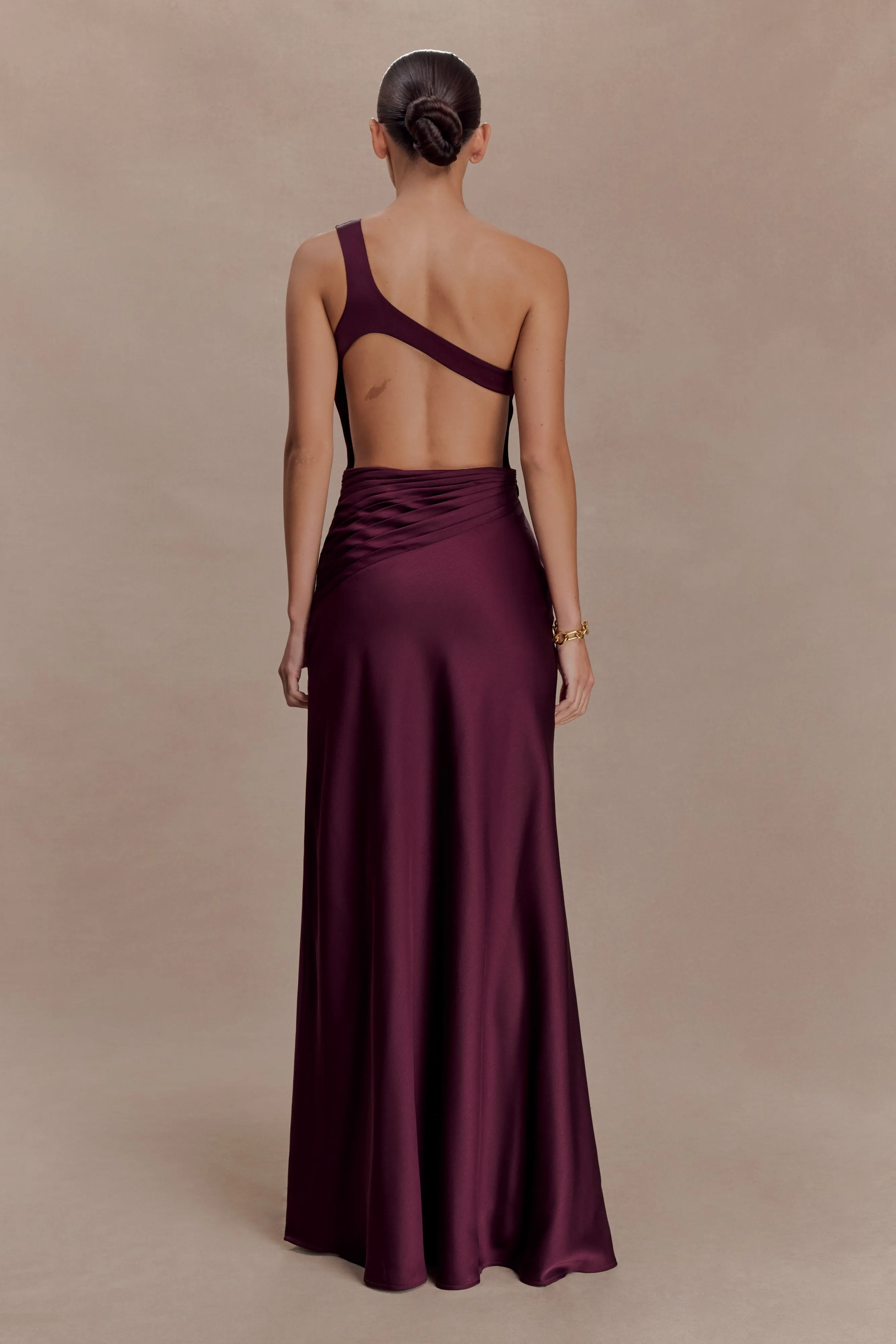 Lyla Asymmetrical Satin Maxi Dress - Plum sold by Meshki product image thumbnail 2