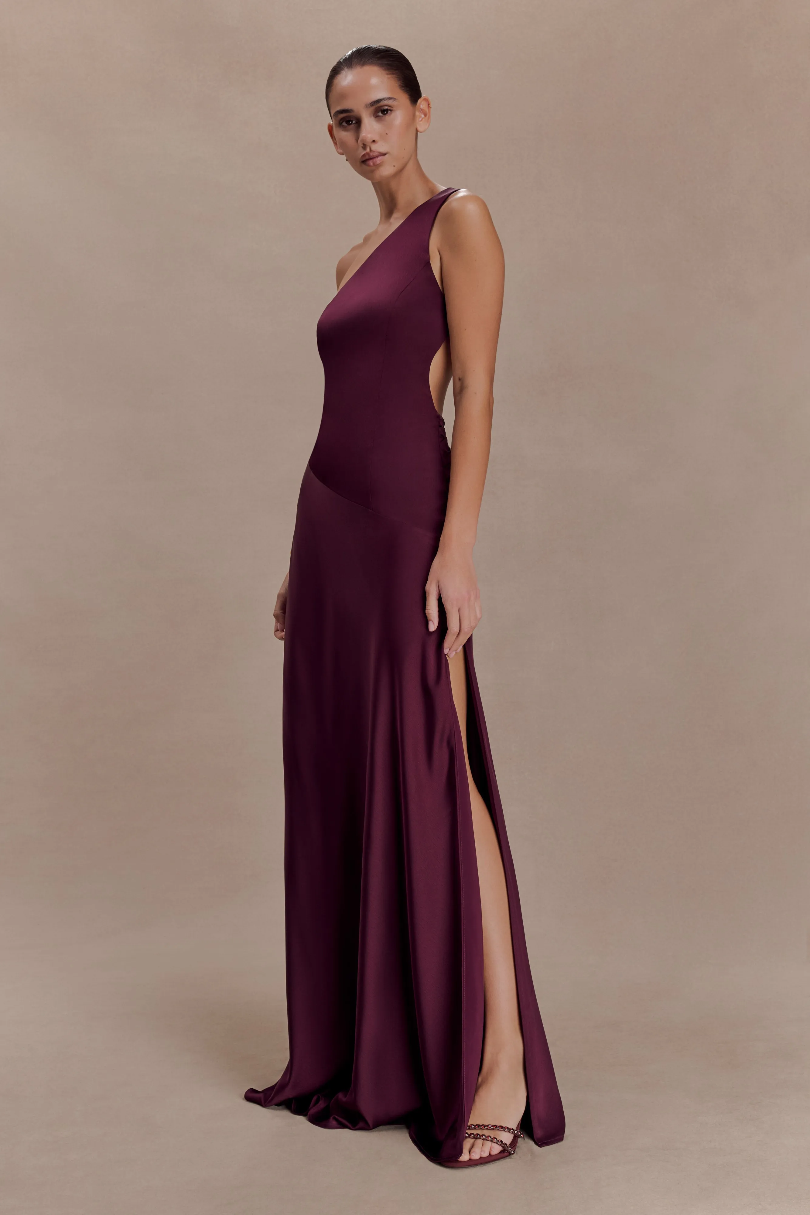 Lyla Asymmetrical Satin Maxi Dress - Plum sold by Meshki product image thumbnail 3