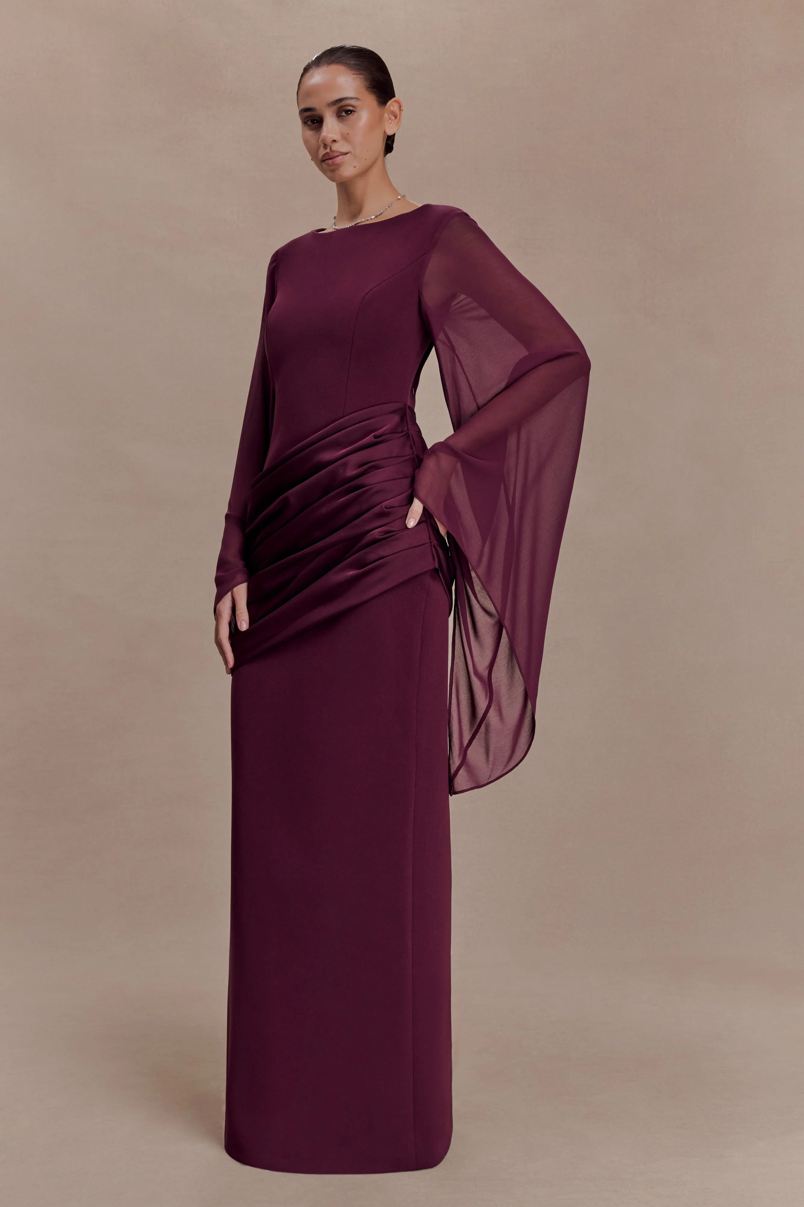 Samantha Waterfall Sleeves Maxi Dress - Wine sold by Meshki product image thumbnail 4