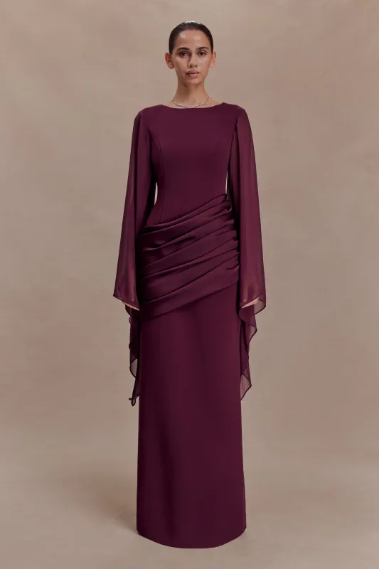Samantha Waterfall Sleeves Maxi Dress - Wine made by Meshki