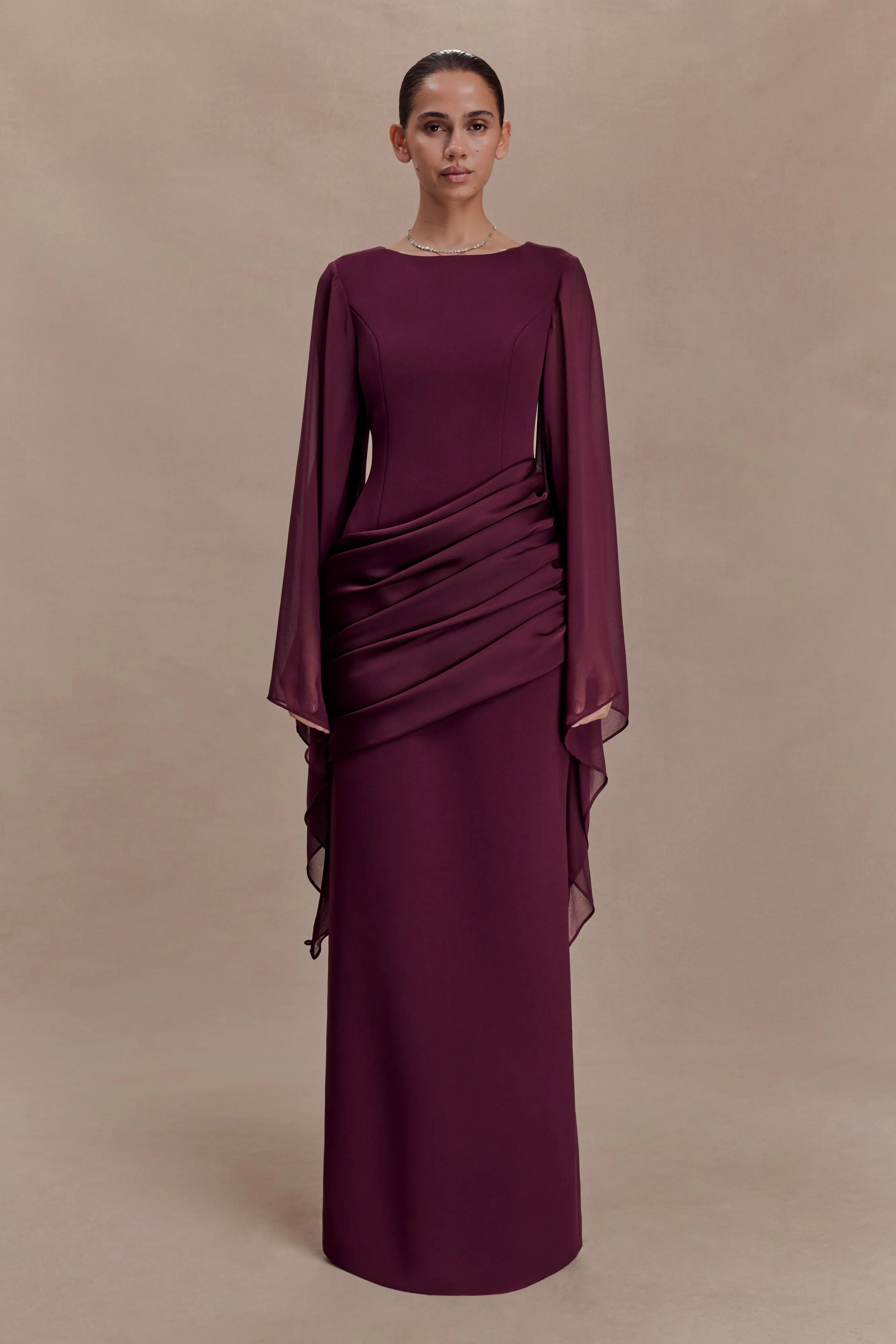 Samantha Waterfall Sleeves Maxi Dress - Wine sold by Meshki