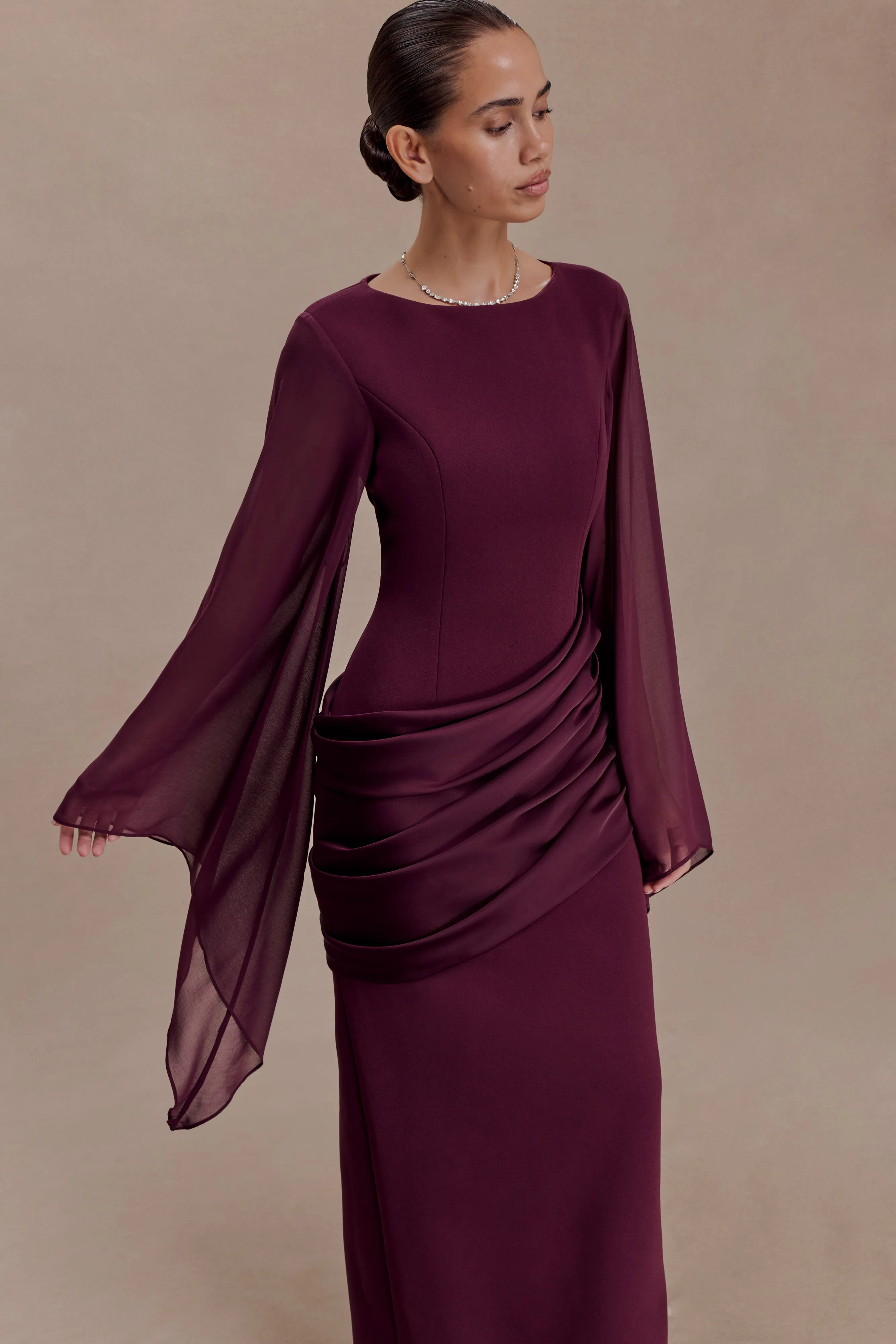 Samantha Waterfall Sleeves Maxi Dress - Wine sold by Meshki product image thumbnail 3