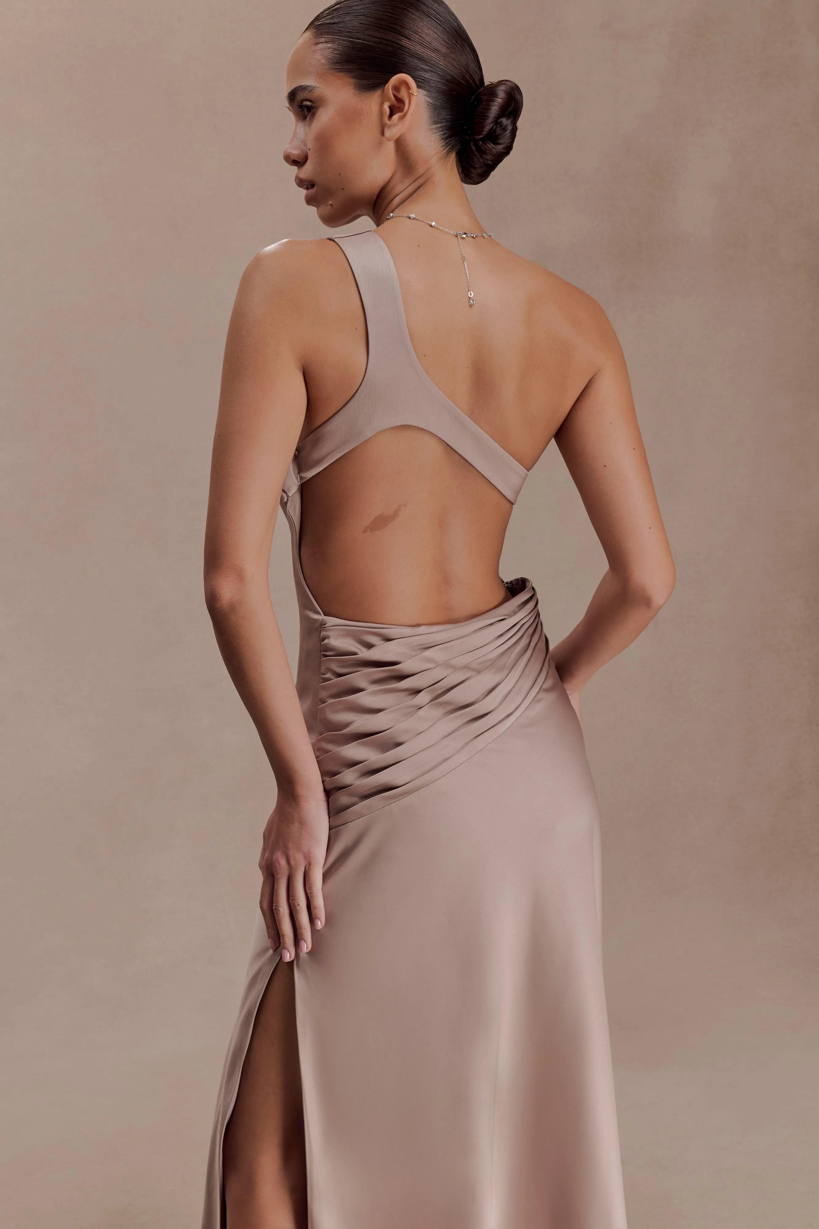 Lyla Asymmetrical Satin Maxi Dress - Bronze Taupe sold by Meshki