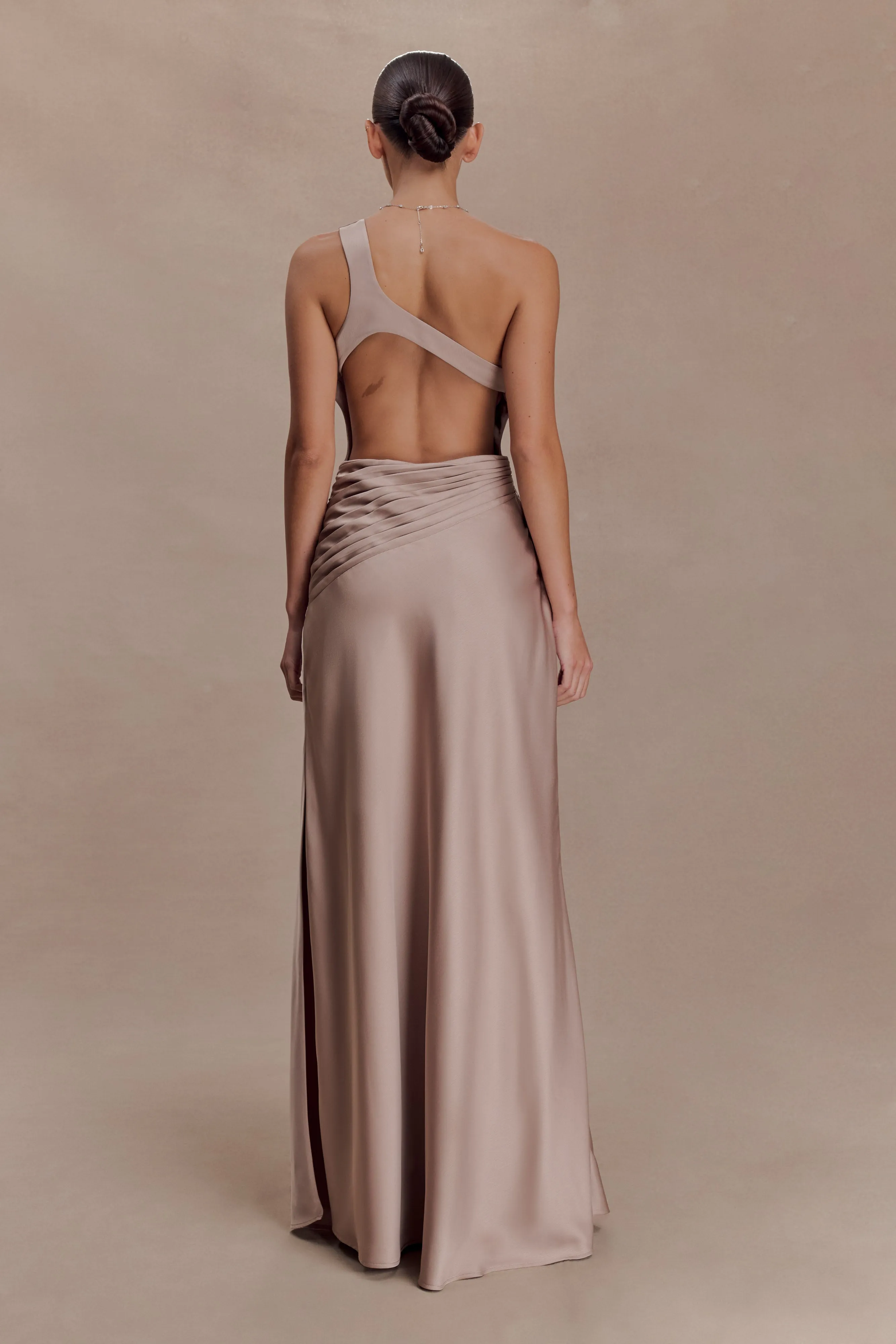 Lyla Asymmetrical Satin Maxi Dress - Bronze Taupe sold by Meshki product image thumbnail 2