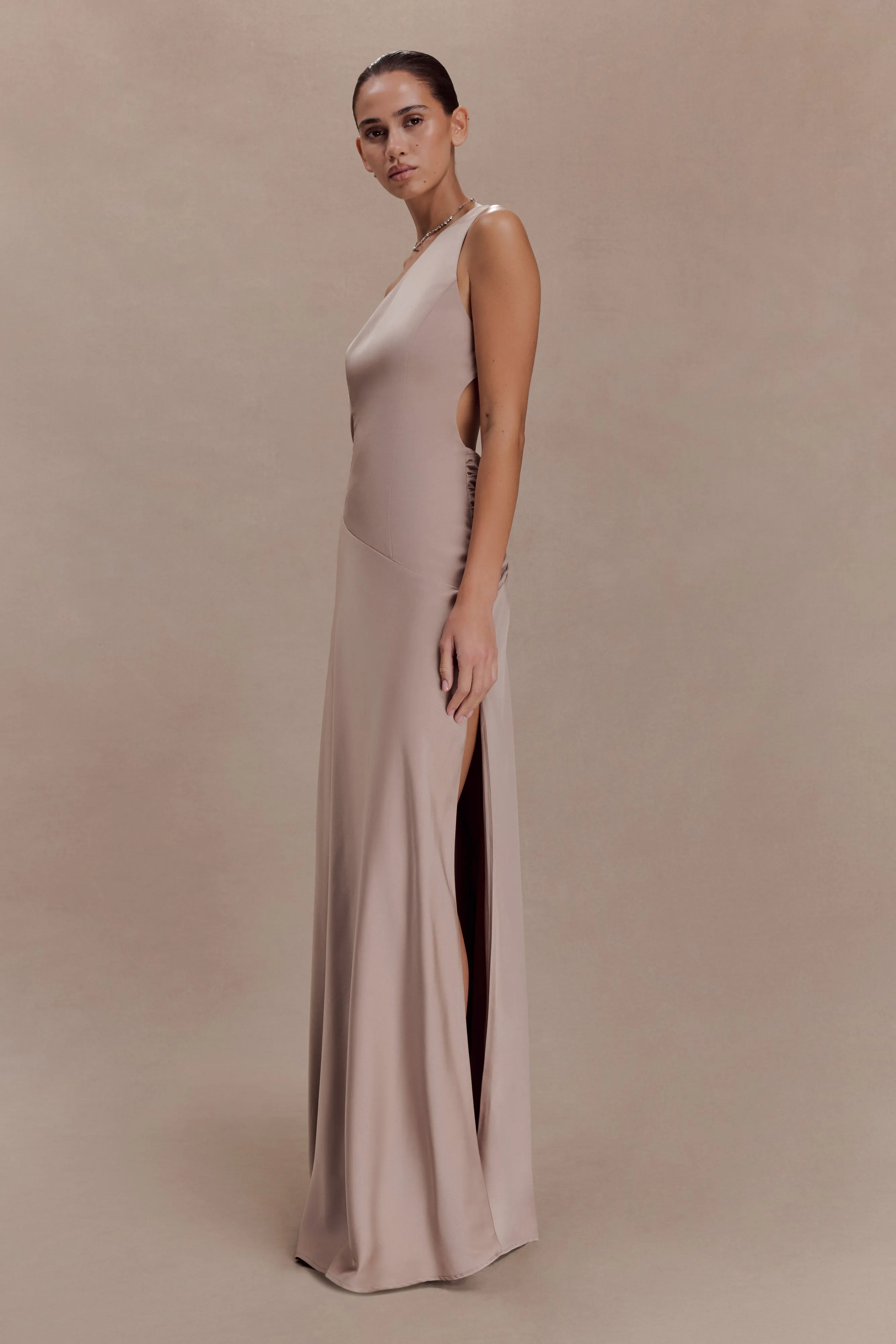 Lyla Asymmetrical Satin Maxi Dress - Bronze Taupe sold by Meshki product image thumbnail 3