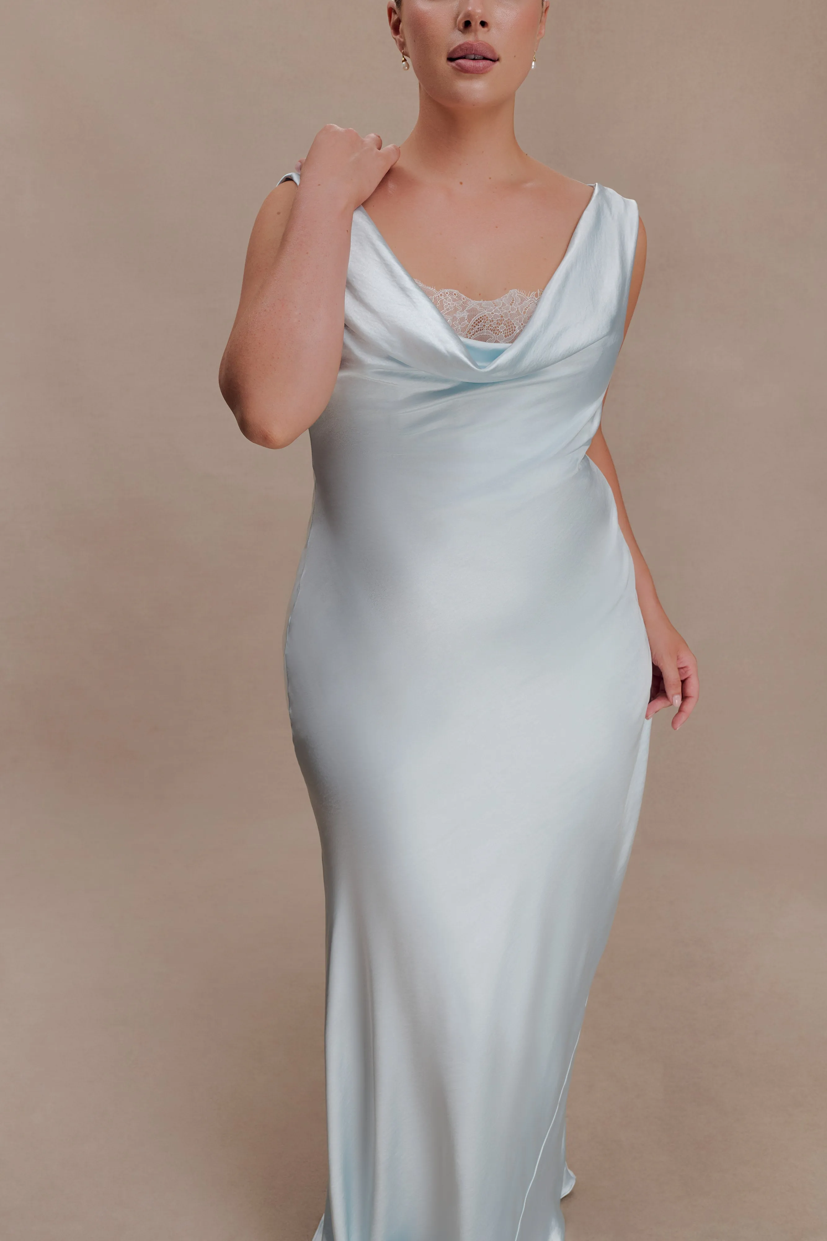 Ashley Cowl Neck Lace And Satin Maxi Dress - Ice Blue sold by Meshki product image thumbnail 3