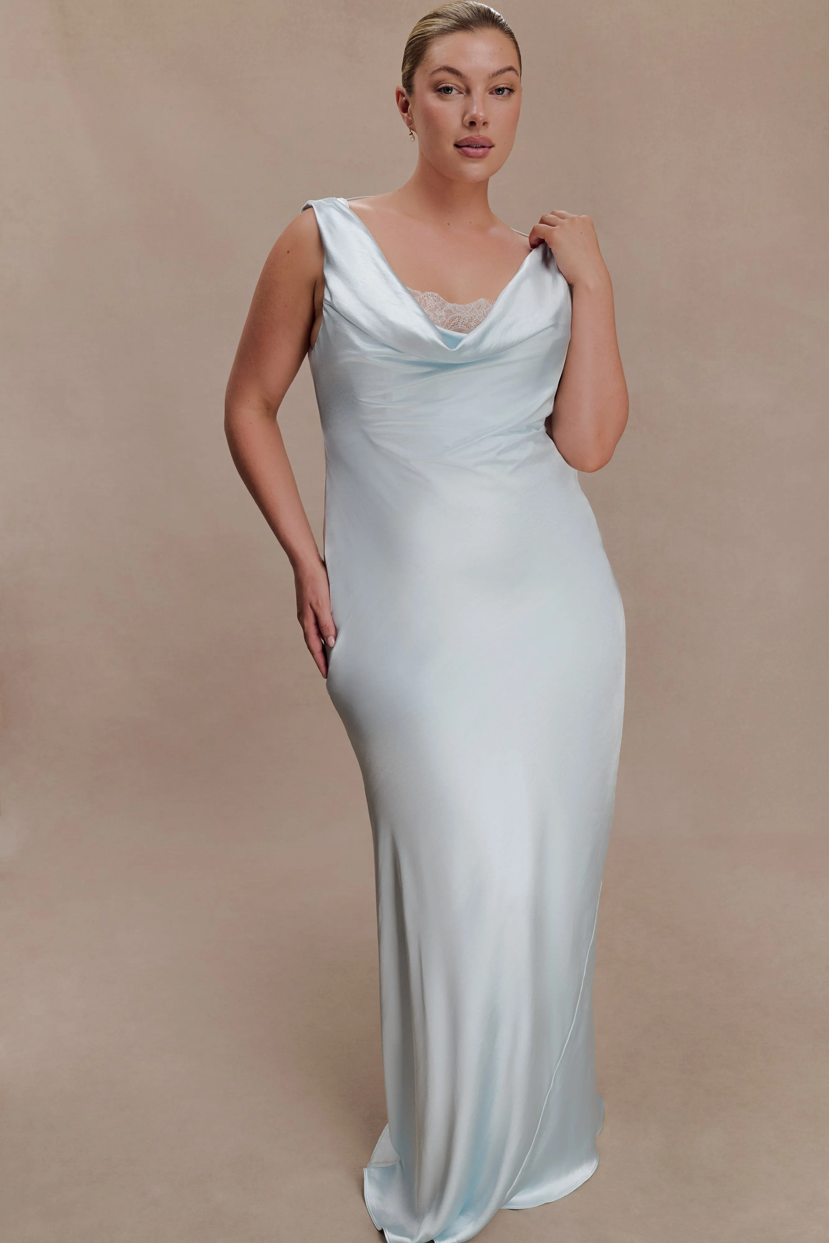 Ashley Cowl Neck Lace And Satin Maxi Dress - Ice Blue sold by Meshki product image thumbnail 4