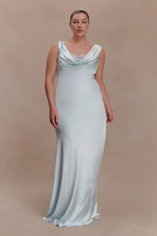 Ashley Cowl Neck Lace And Satin Maxi Dress - Ice Blue sold by Meshki