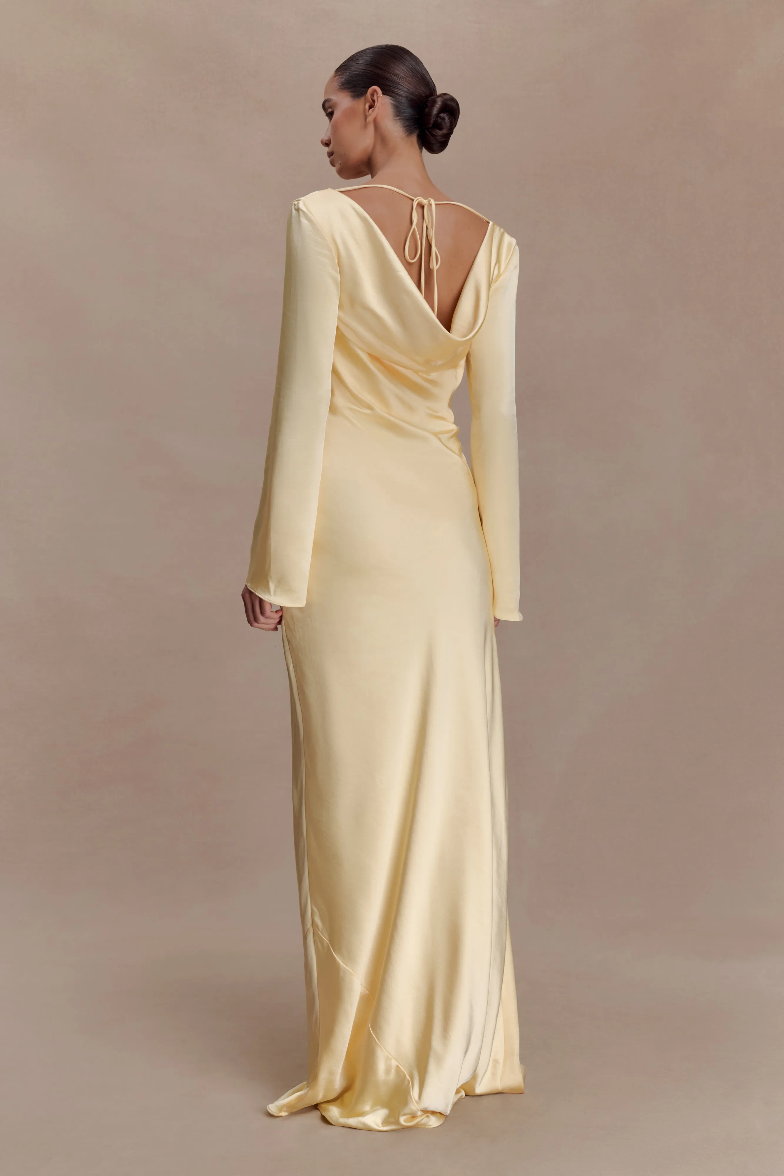 Eliza Long Sleeve Cowl Lace And Satin Maxi Dress - Lemon sold by Meshki product image thumbnail 2