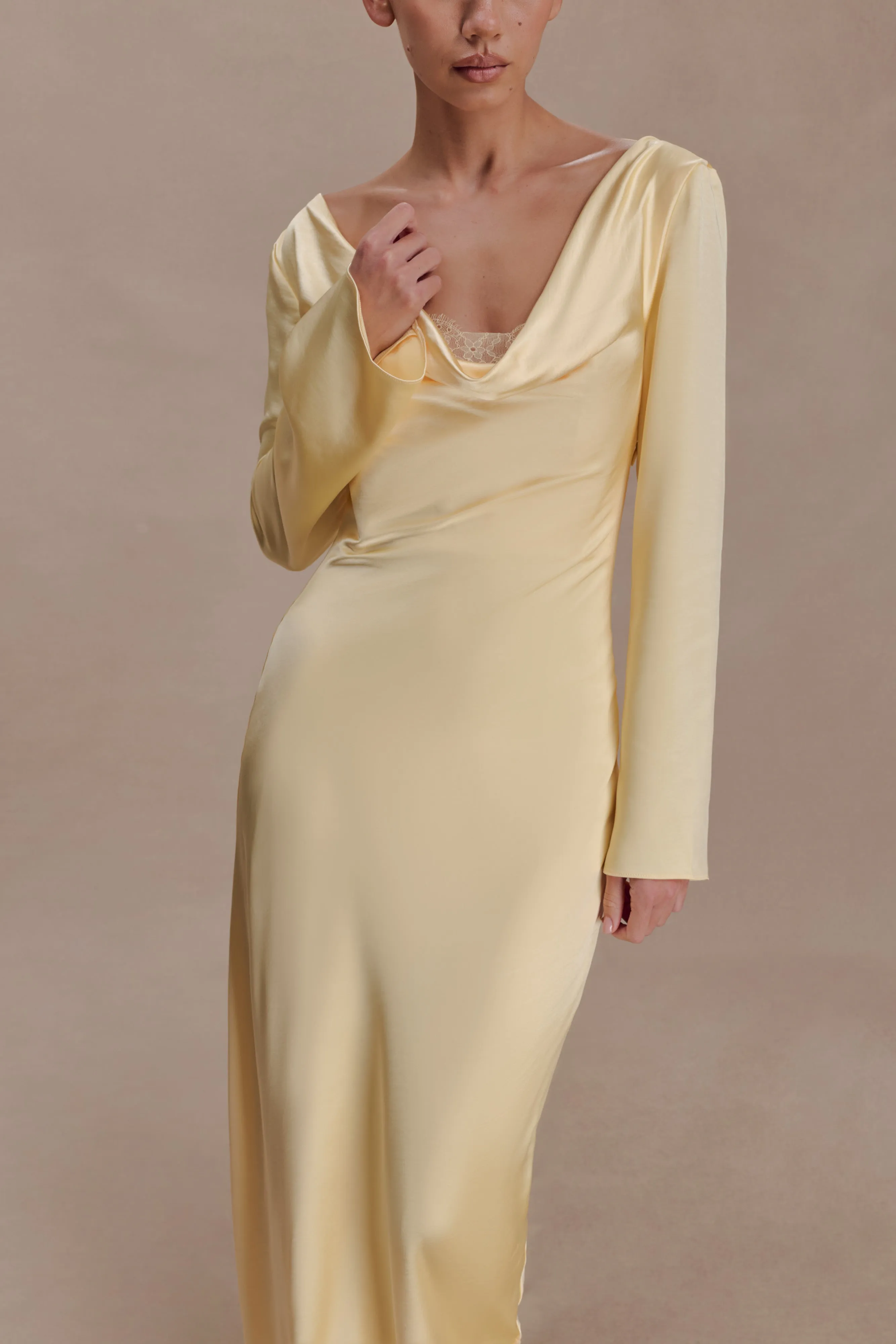 Eliza Long Sleeve Cowl Lace And Satin Maxi Dress - Lemon sold by Meshki product image thumbnail 3