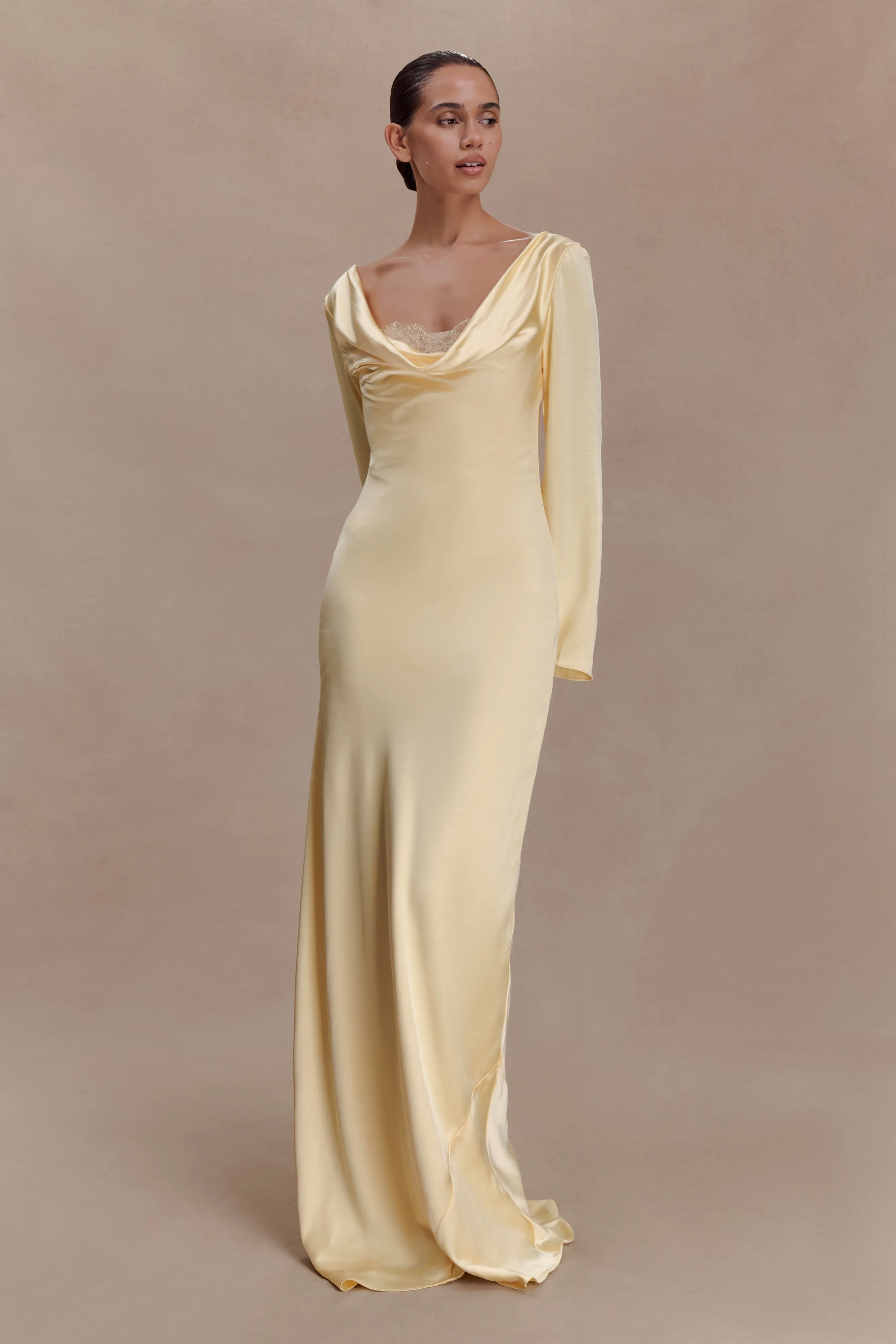 Eliza Long Sleeve Cowl Lace And Satin Maxi Dress - Lemon sold by Meshki product image thumbnail 4