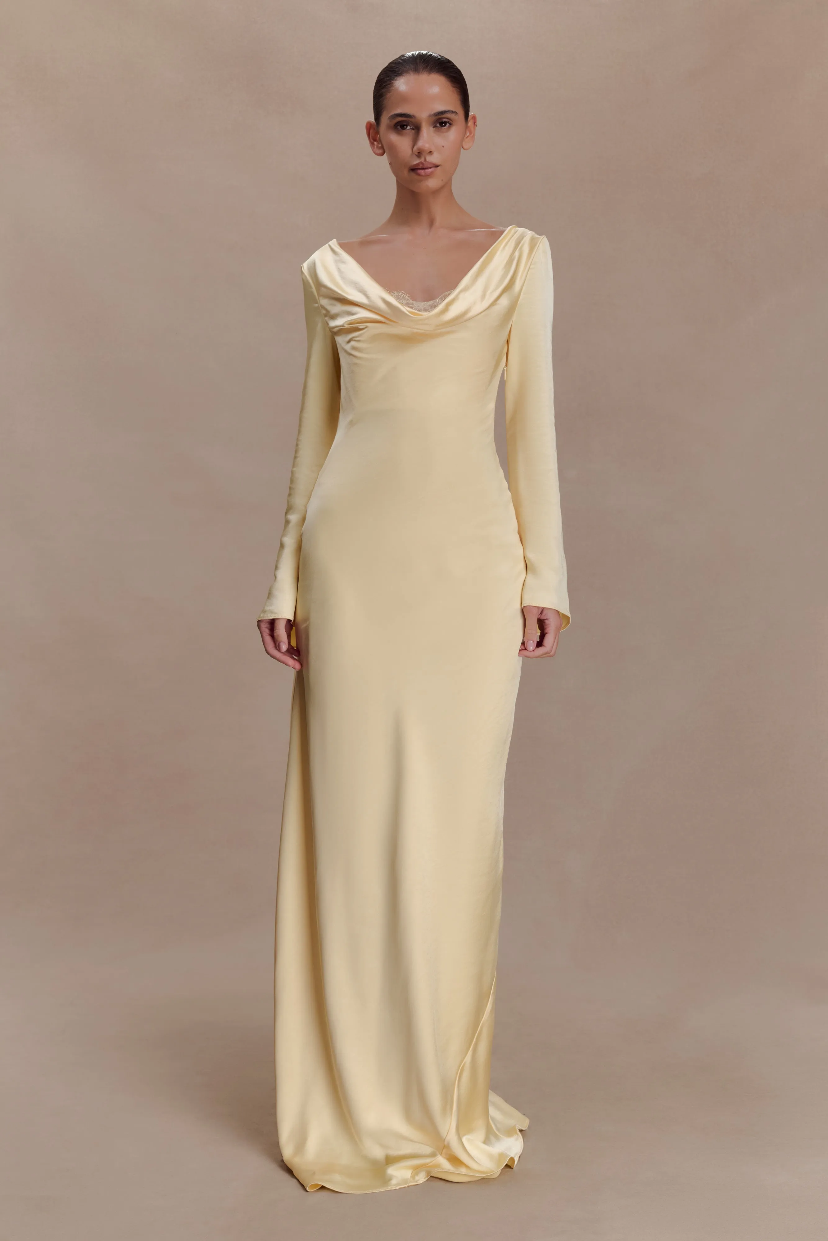 Eliza Long Sleeve Cowl Lace And Satin Maxi Dress - Lemon sold by Meshki