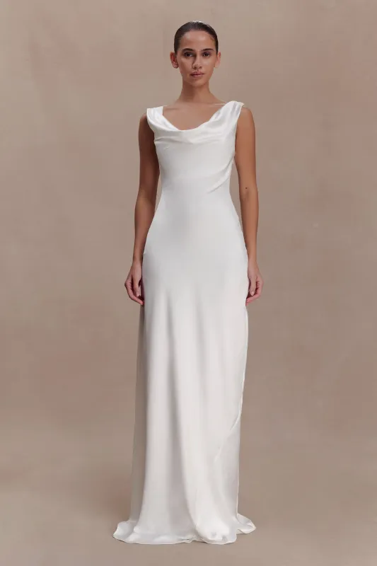 Ashley Cowl Neck Lace And Satin Maxi Dress - Ivory sold by Meshki