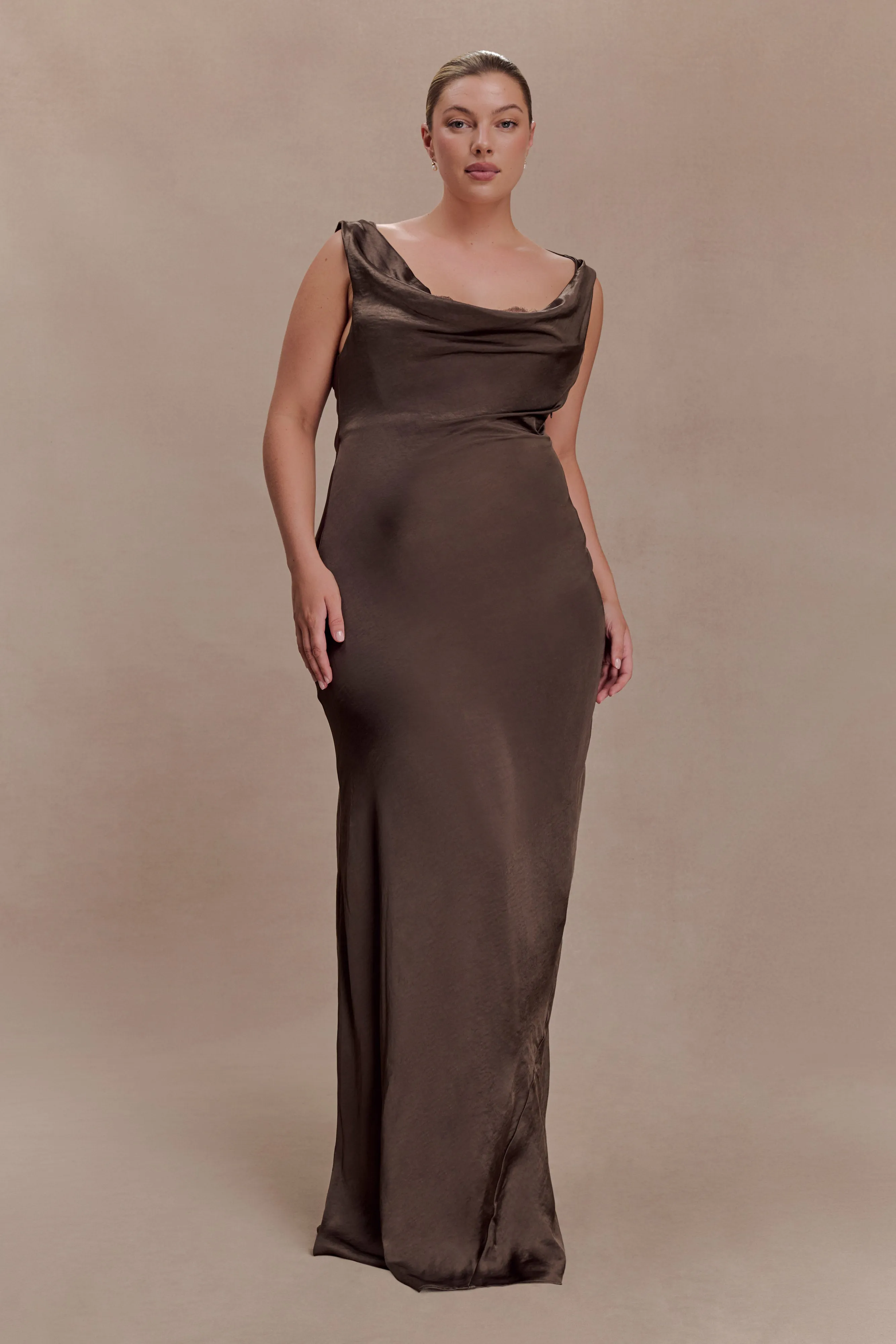 Ashley Cowl Neck Lace And Satin Maxi Dress - Mocha sold by Meshki