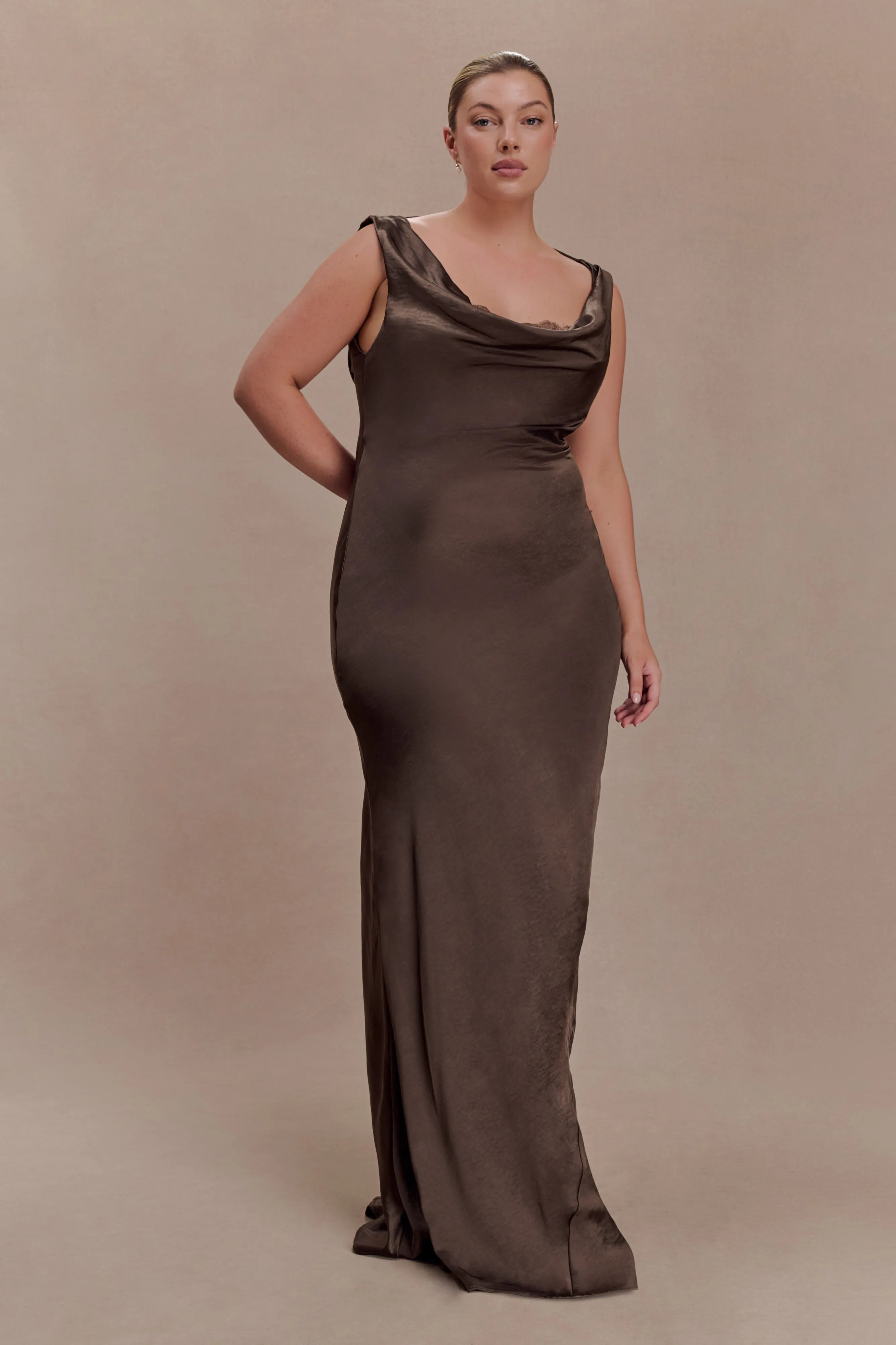 Ashley Cowl Neck Lace And Satin Maxi Dress - Mocha sold by Meshki product image thumbnail 2