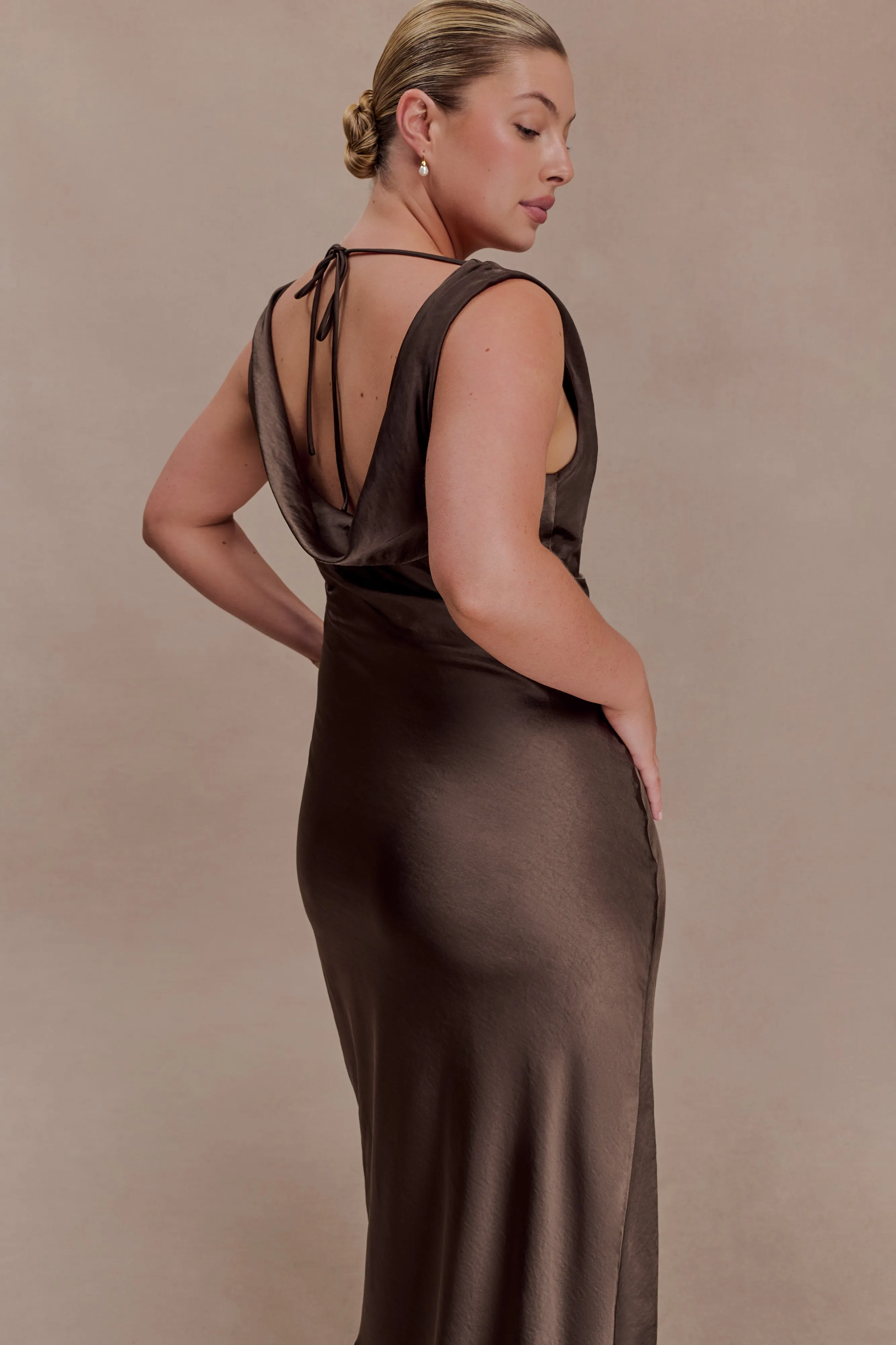 Ashley Cowl Neck Lace And Satin Maxi Dress - Mocha sold by Meshki product image thumbnail 3