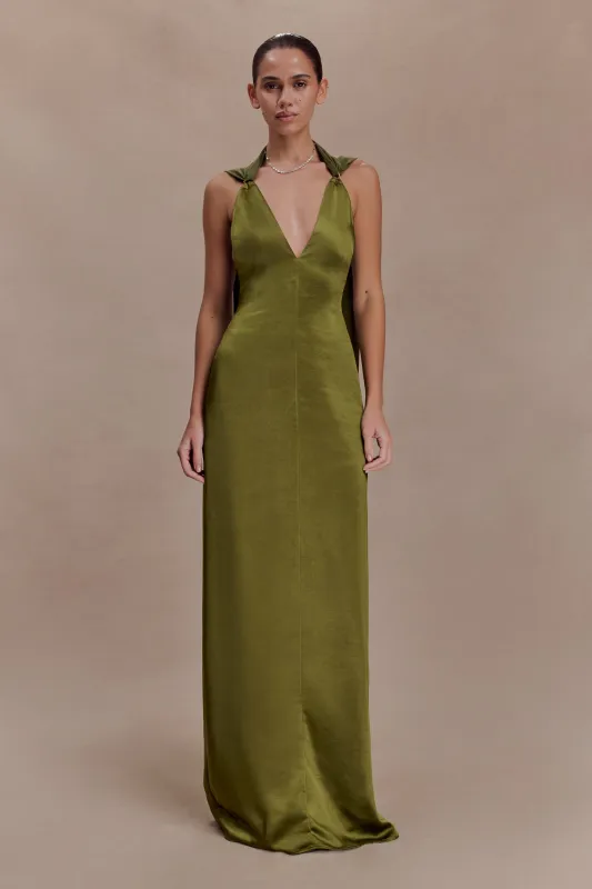 Myla Draped Shoulders Satin Maxi Dress - Khaki sold by Meshki