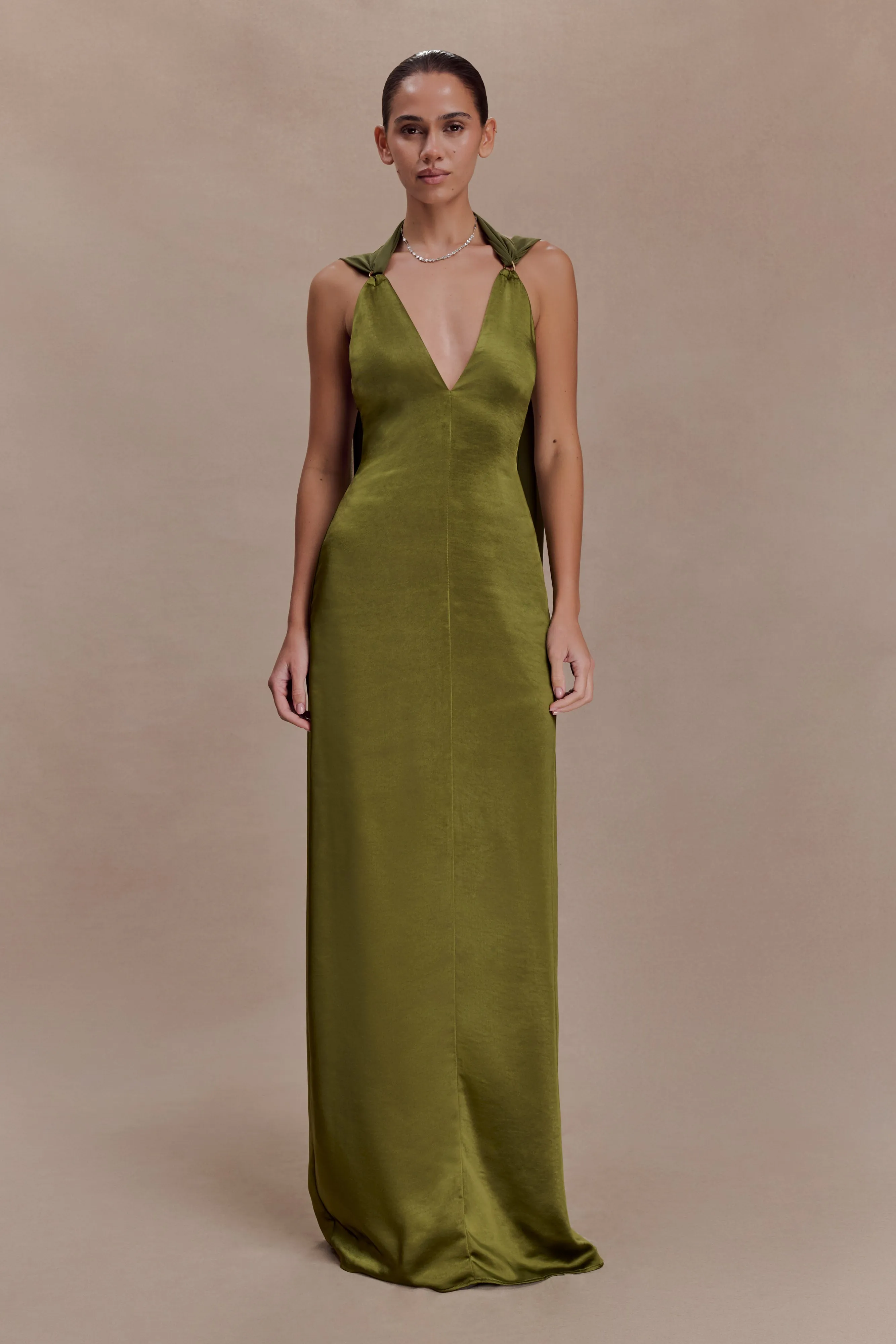 Myla Draped Shoulders Satin Maxi Dress - Khaki sold by Meshki