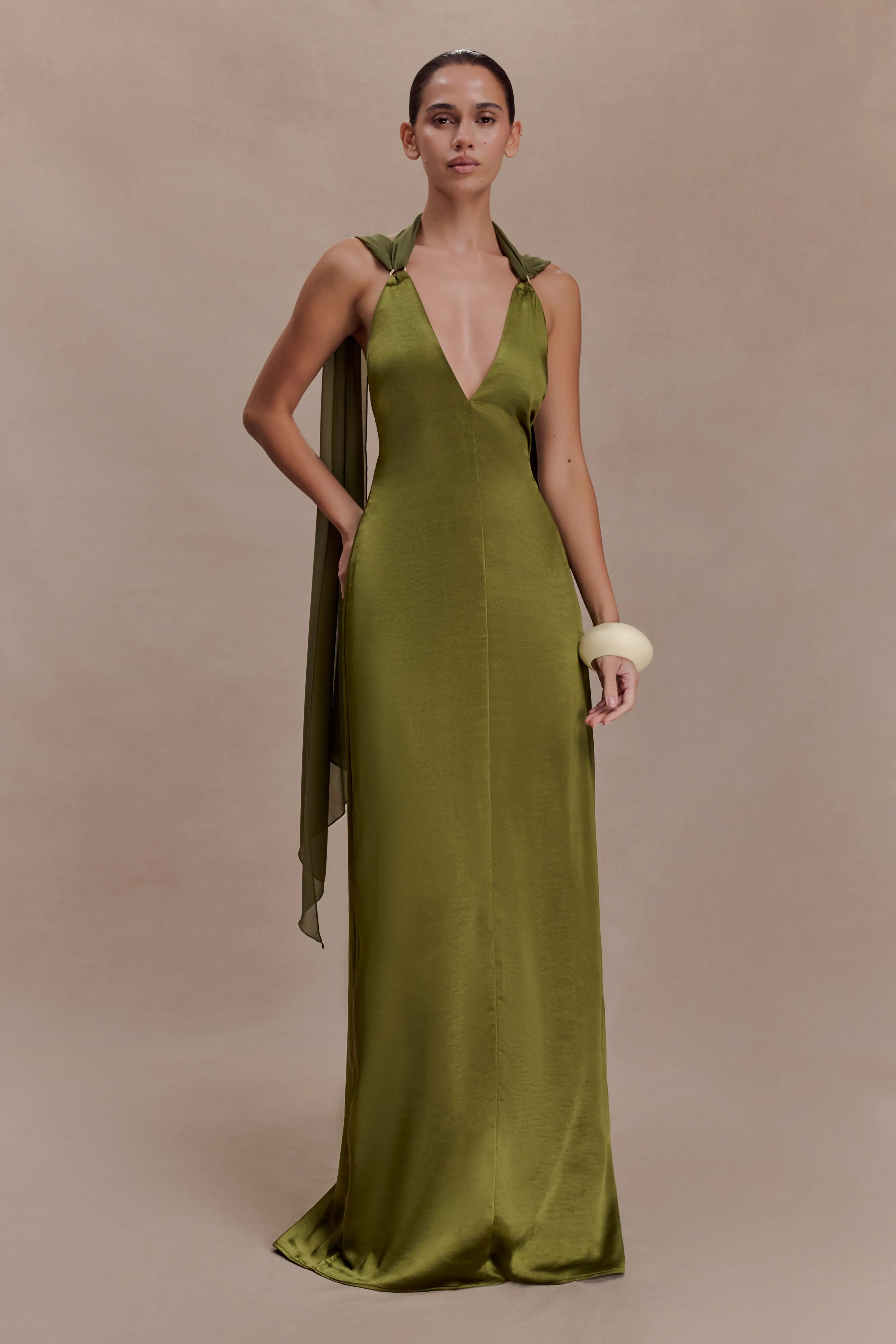 Myla Draped Shoulders Satin Maxi Dress - Khaki sold by Meshki product image thumbnail 5
