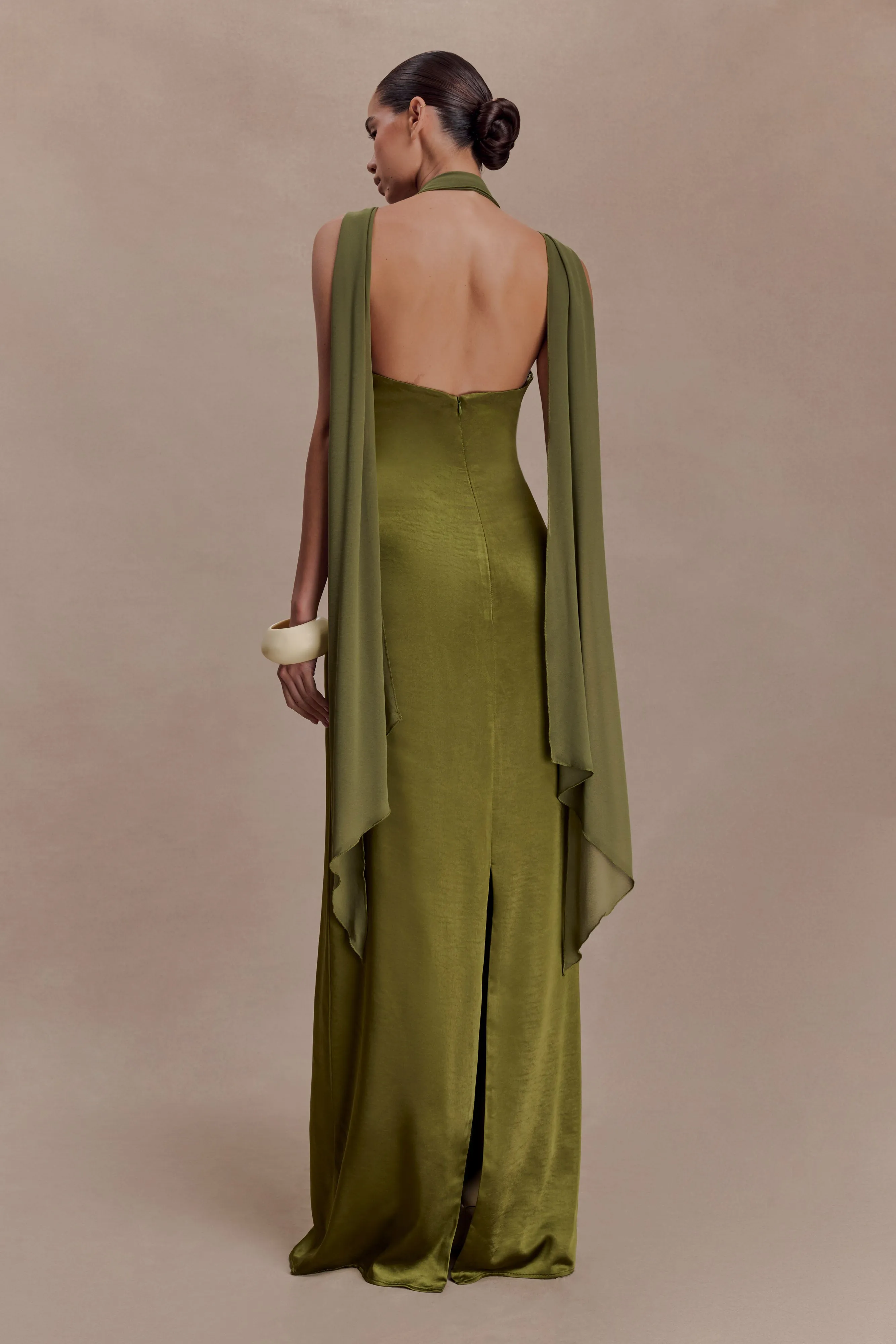 Myla Draped Shoulders Satin Maxi Dress - Khaki sold by Meshki product image thumbnail 2