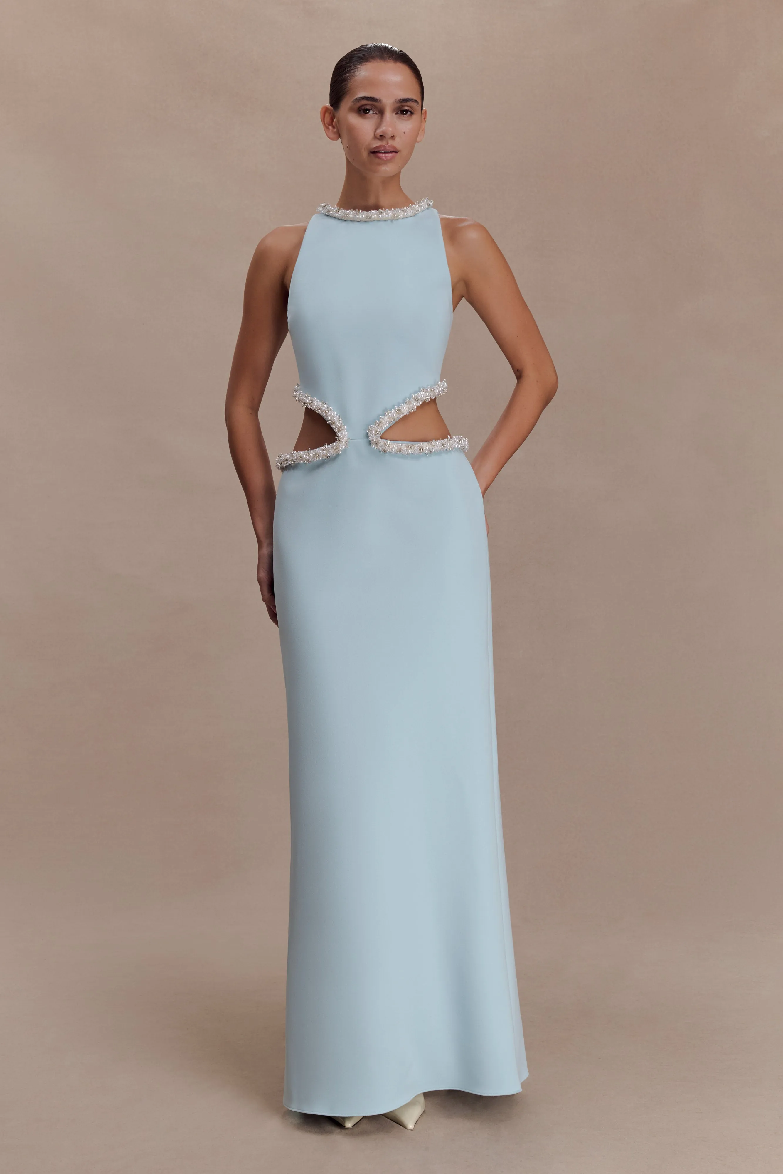 Nicole Embellished Cut Out Maxi Dress - Pale Blue sold by Meshki product image thumbnail 3
