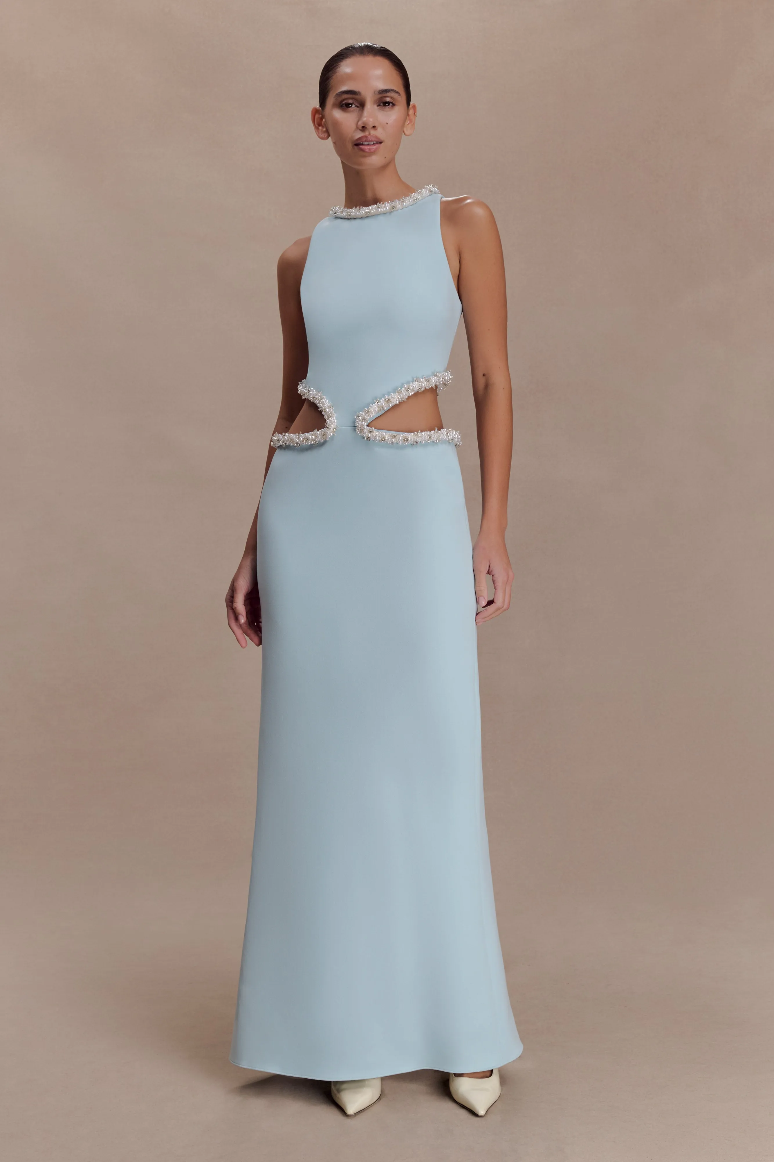 Nicole Embellished Cut Out Maxi Dress - Pale Blue sold by Meshki