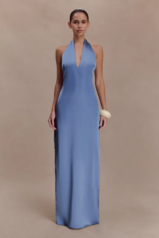 Jade Satin Halter Maxi Dress - Steel Blue sold by Meshki