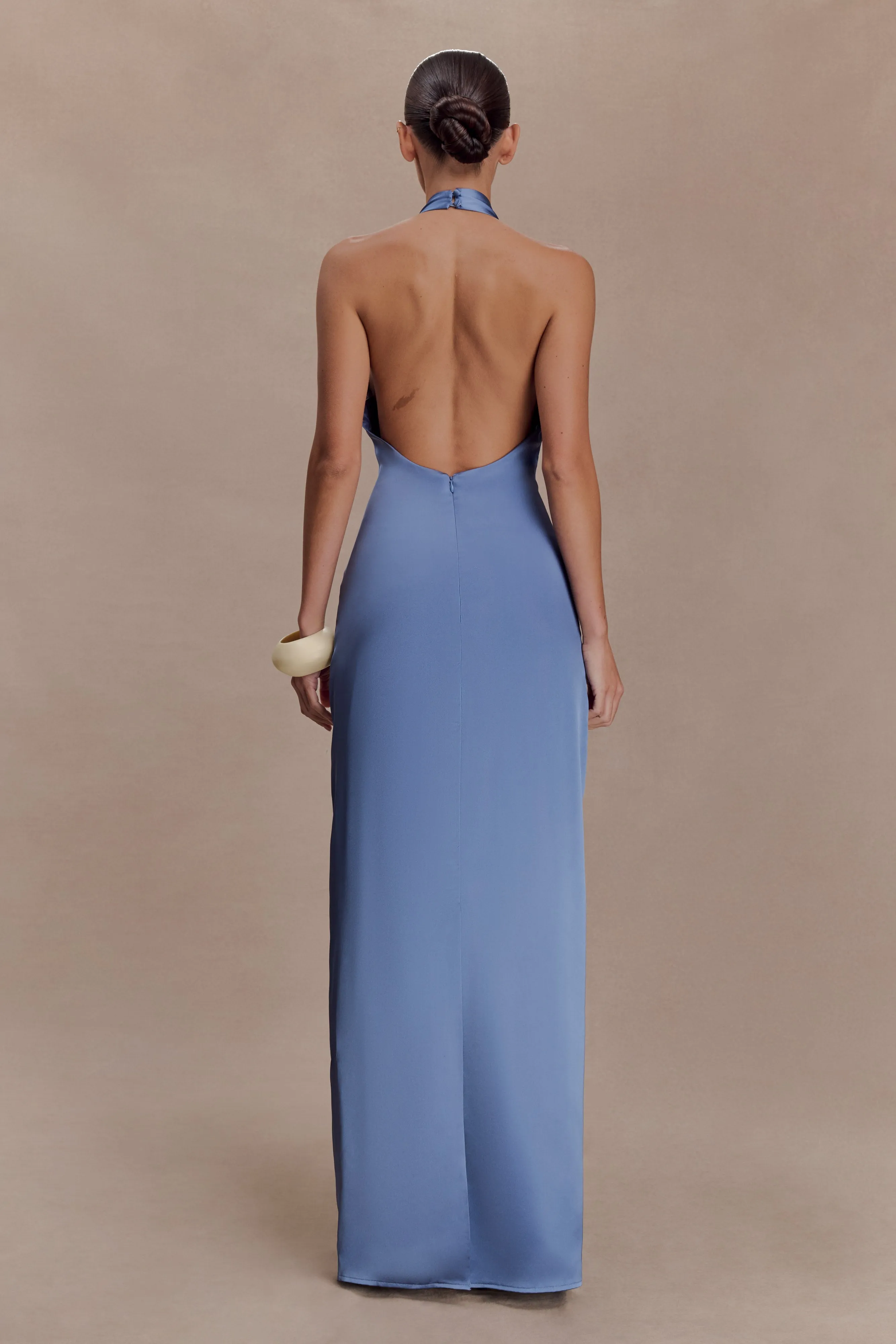 Jade Satin Halter Maxi Dress - Steel Blue sold by Meshki product image thumbnail 2