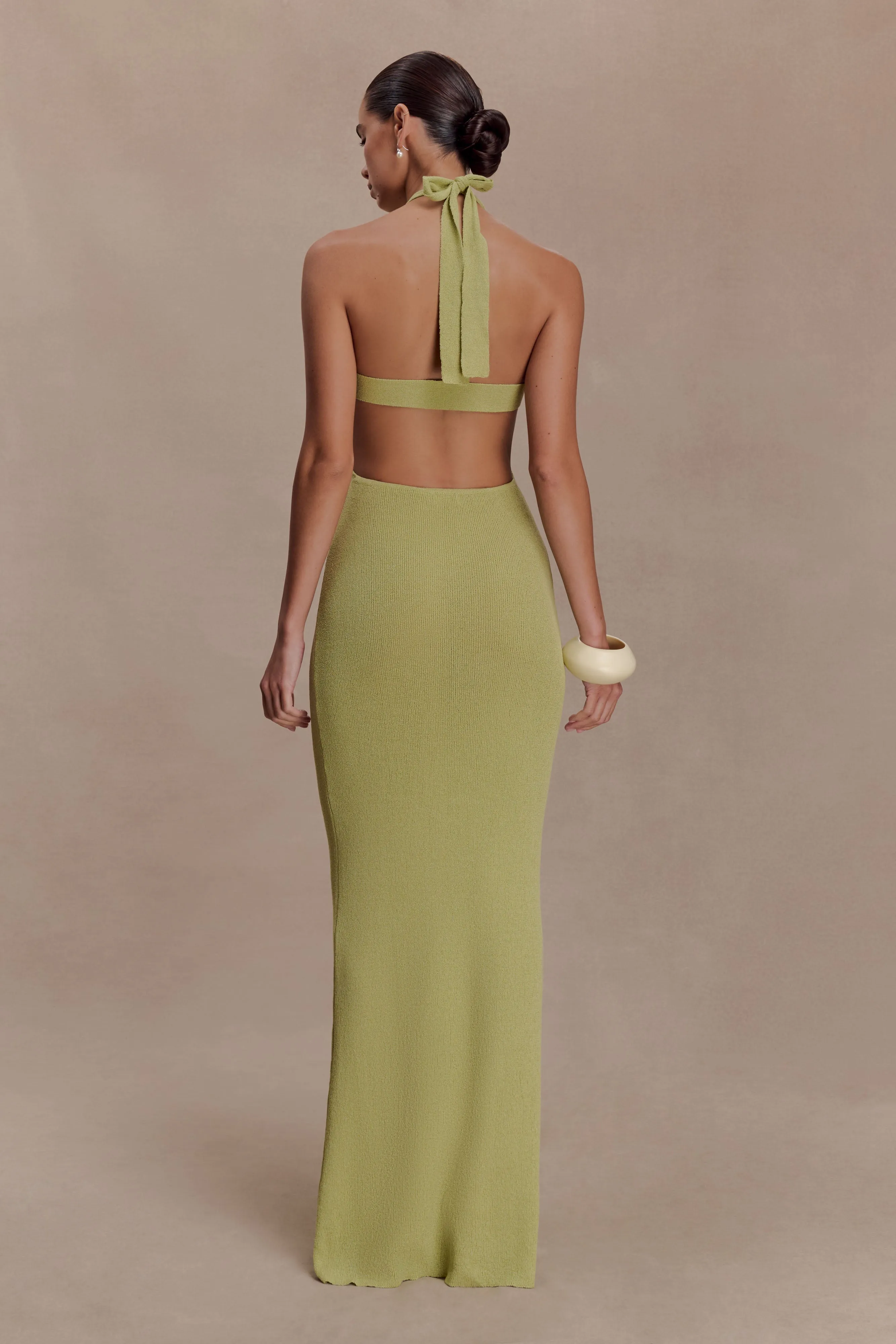 Theresea Halter Knit Maxi Dress - Light Olive sold by Meshki product image thumbnail 2