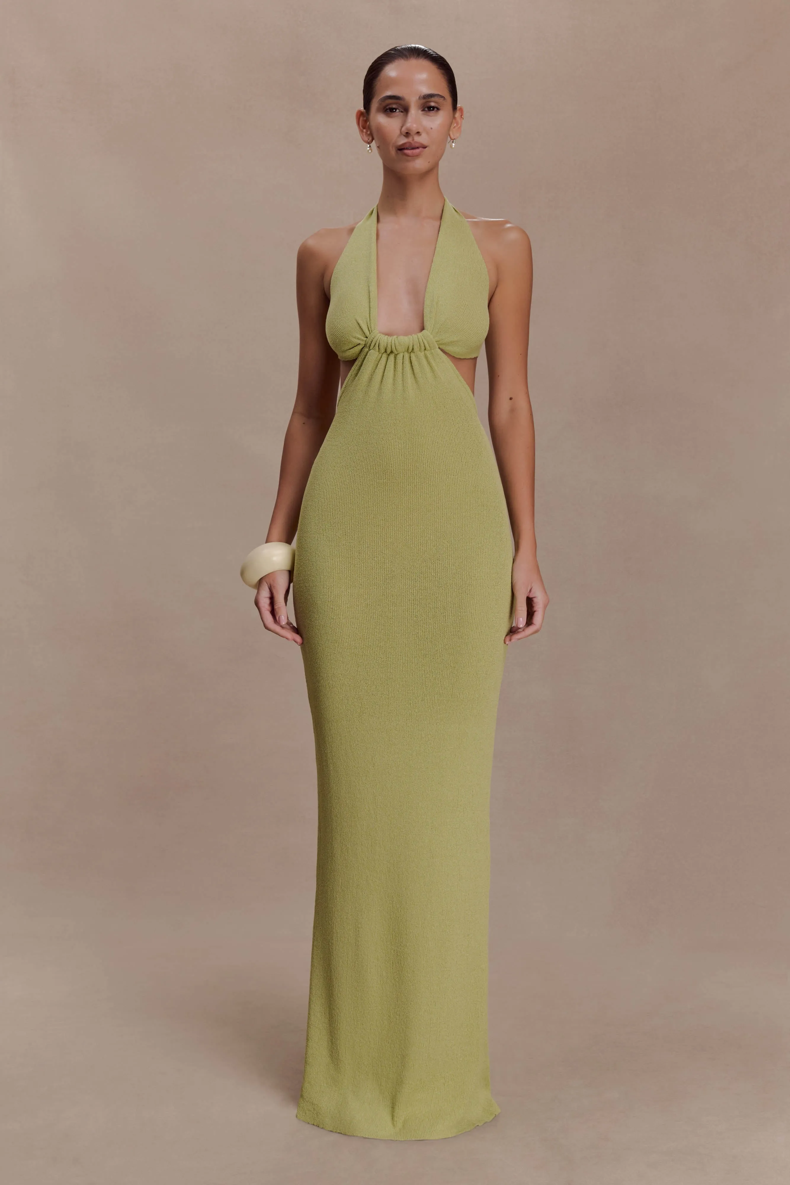Theresea Halter Knit Maxi Dress - Light Olive sold by Meshki product image thumbnail 4