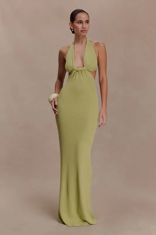 Theresea Halter Knit Maxi Dress - Light Olive sold by Meshki
