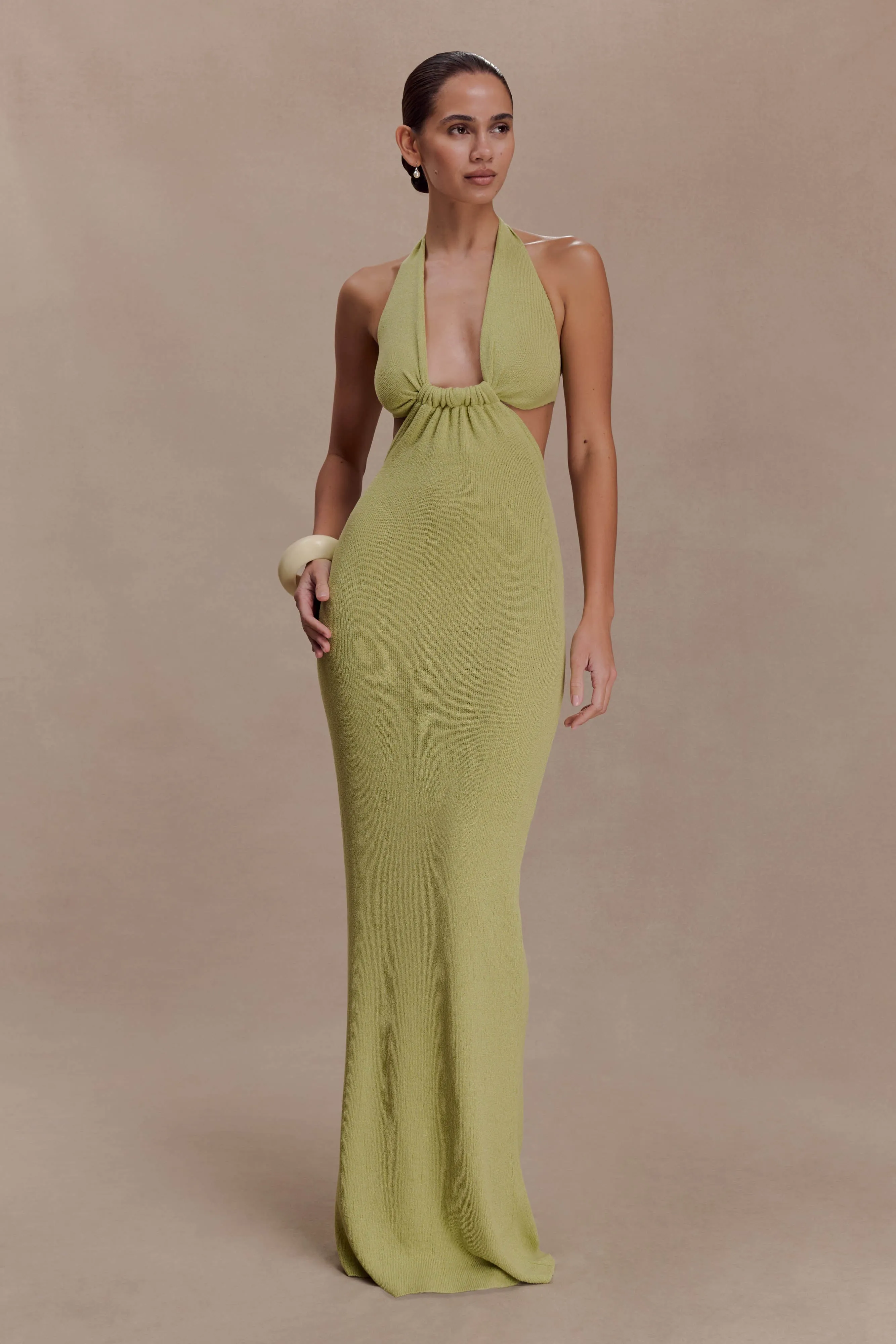 Theresea Halter Knit Maxi Dress - Light Olive sold by Meshki