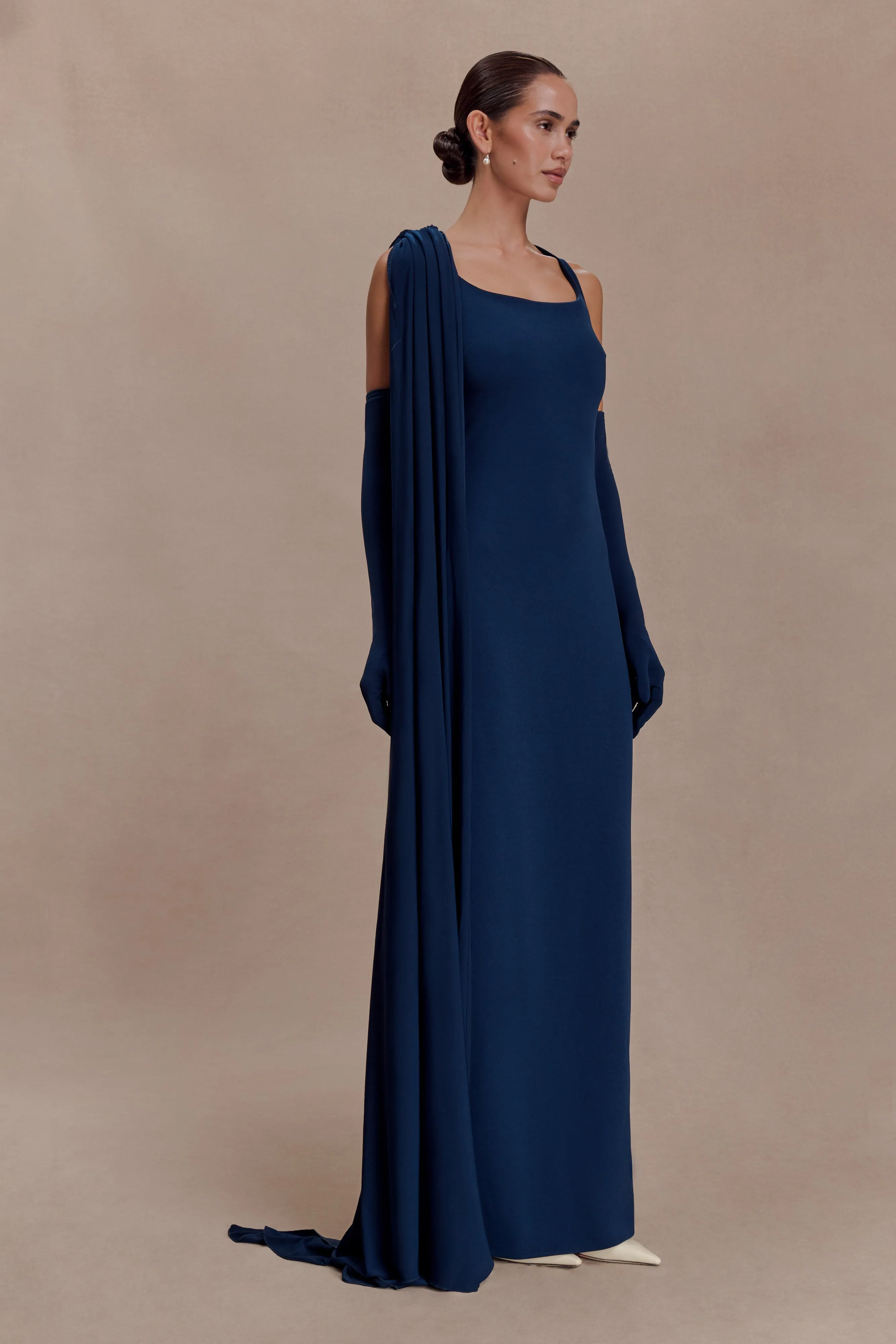 Rhea Detachable Cape Jersey Maxi Dress - Navy sold by Meshki product image thumbnail 4
