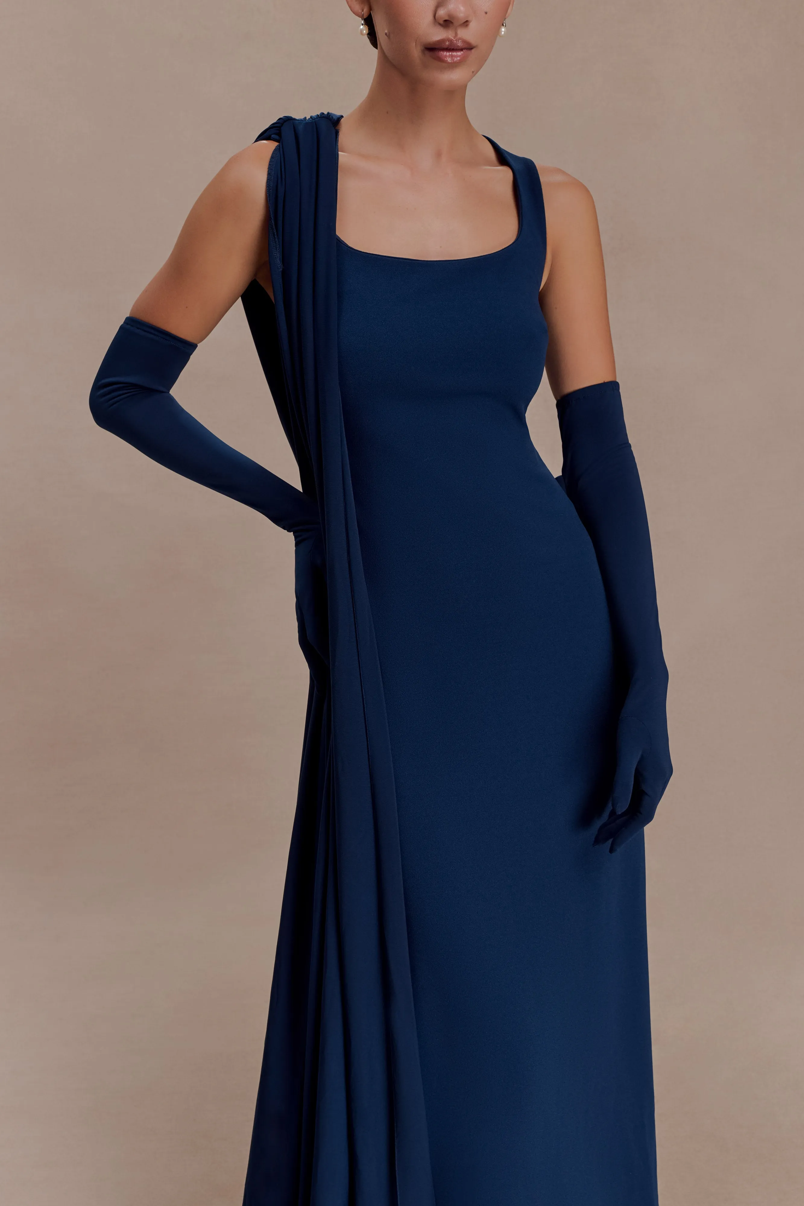 Rhea Detachable Cape Jersey Maxi Dress - Navy sold by Meshki product image thumbnail 3