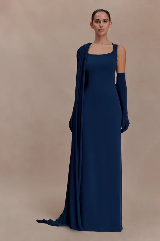 Rhea Detachable Cape Jersey Maxi Dress - Navy sold by Meshki