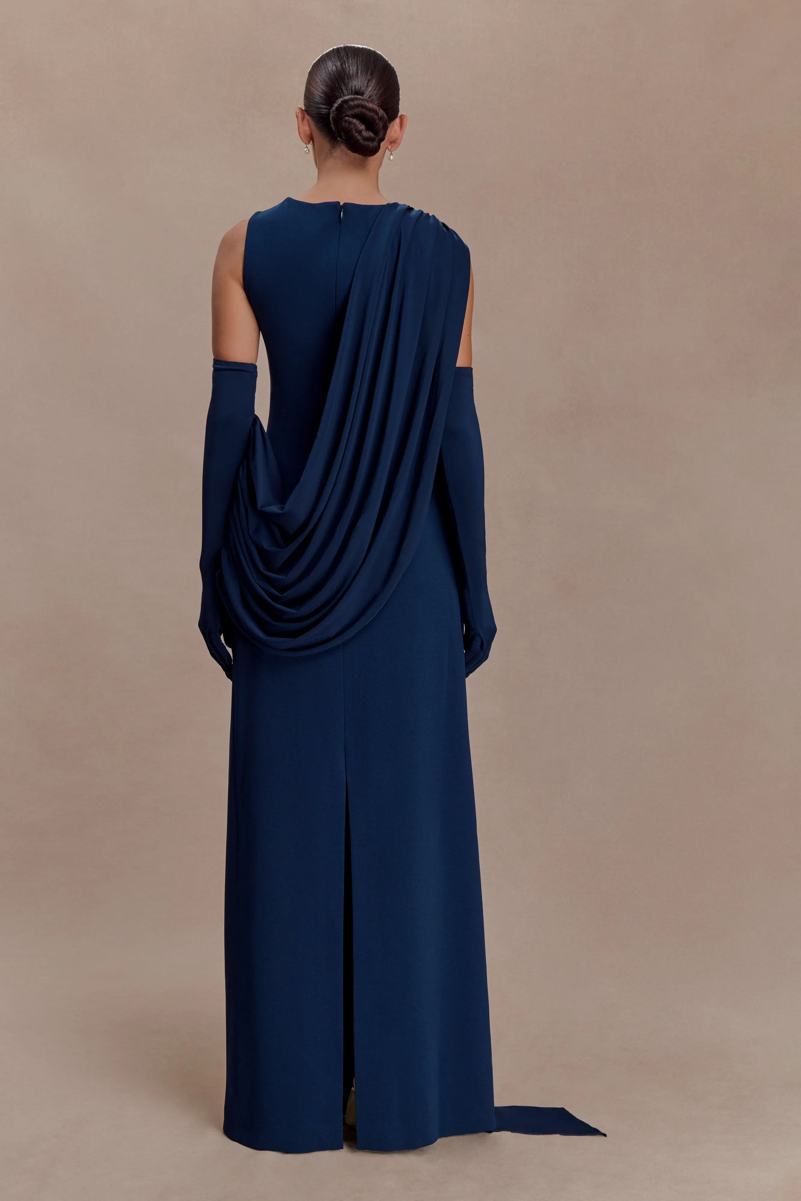 Rhea Detachable Cape Jersey Maxi Dress - Navy sold by Meshki product image thumbnail 2