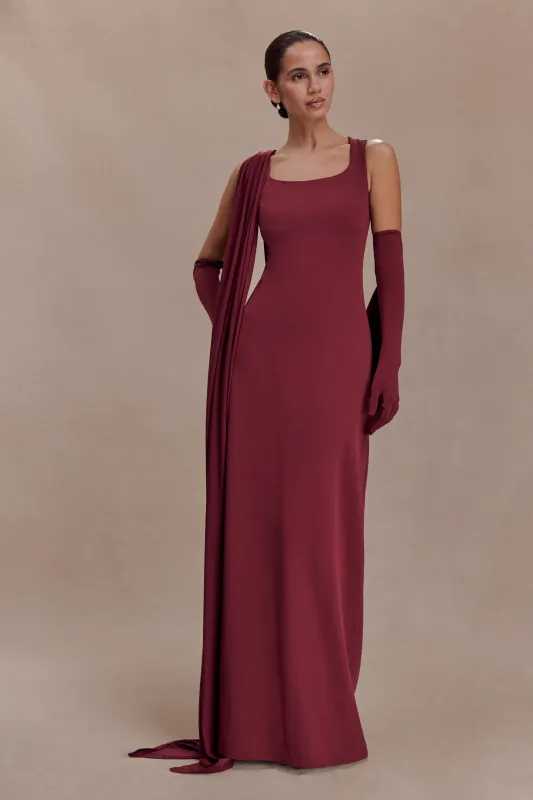 Rhea Detachable Cape Jersey Maxi Dress - Wine sold by Meshki