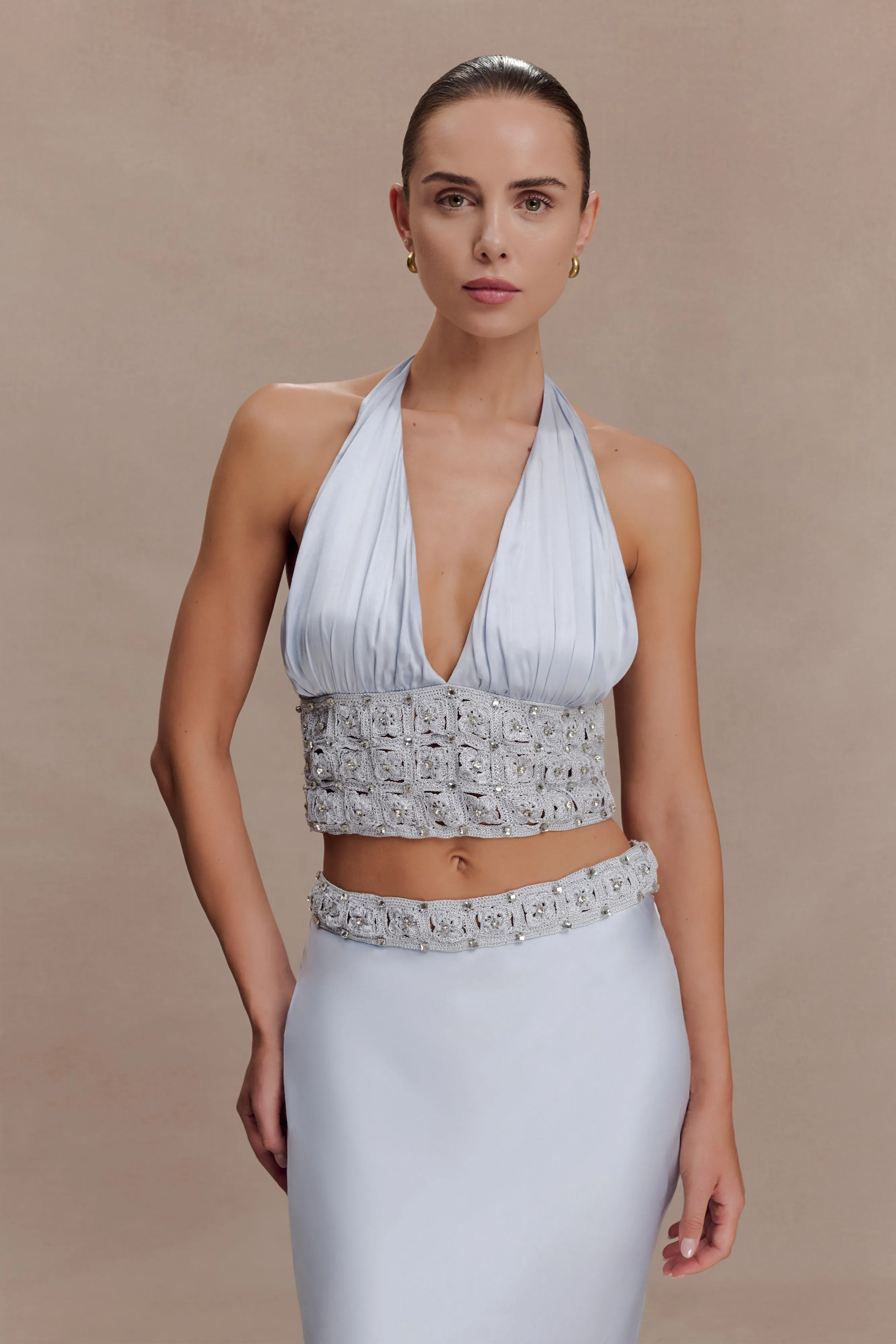 Clementine Chiffon Hand Beaded Top - Pale Blue sold by Meshki