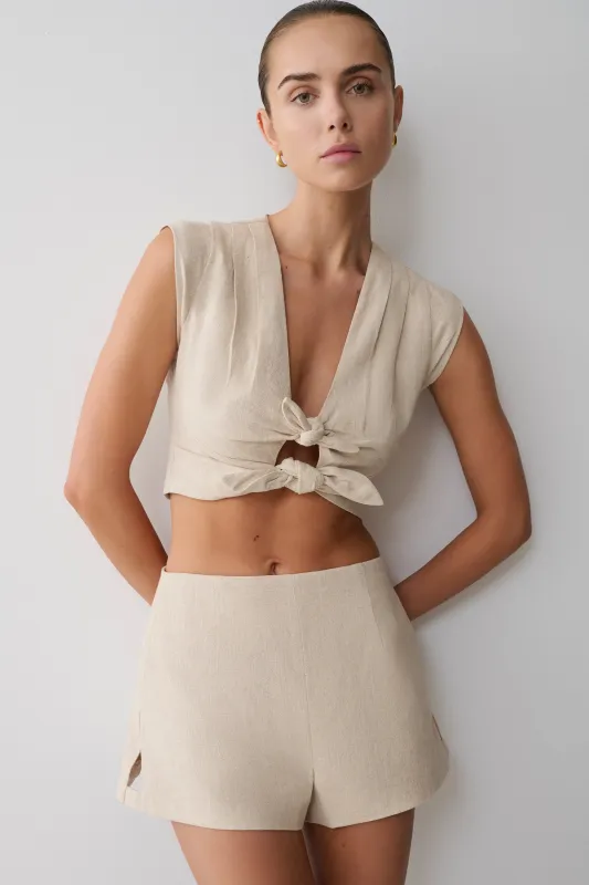 Anahita Linen Front Bows Short Sleeve Top - Natural sold by Meshki
