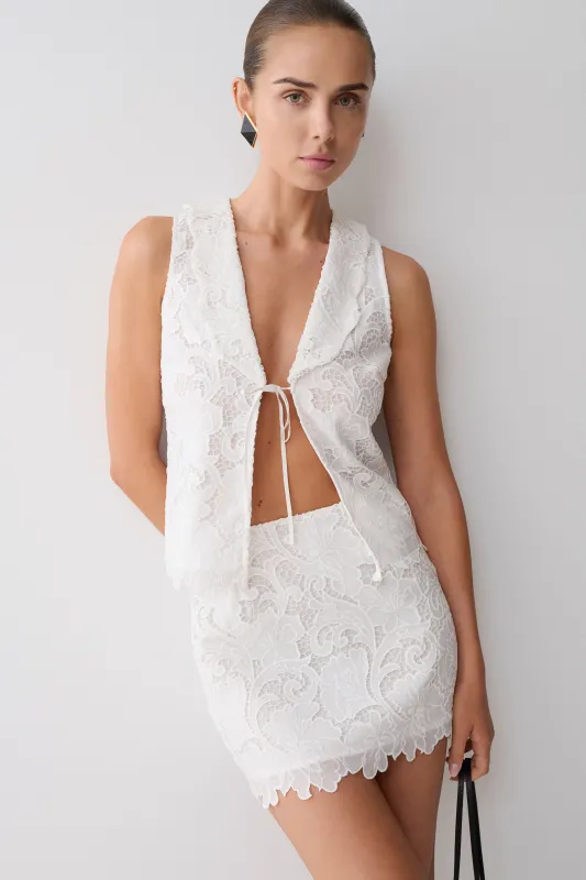 Tessa Broderie Tie Front Sleeveless Top - White sold by Meshki